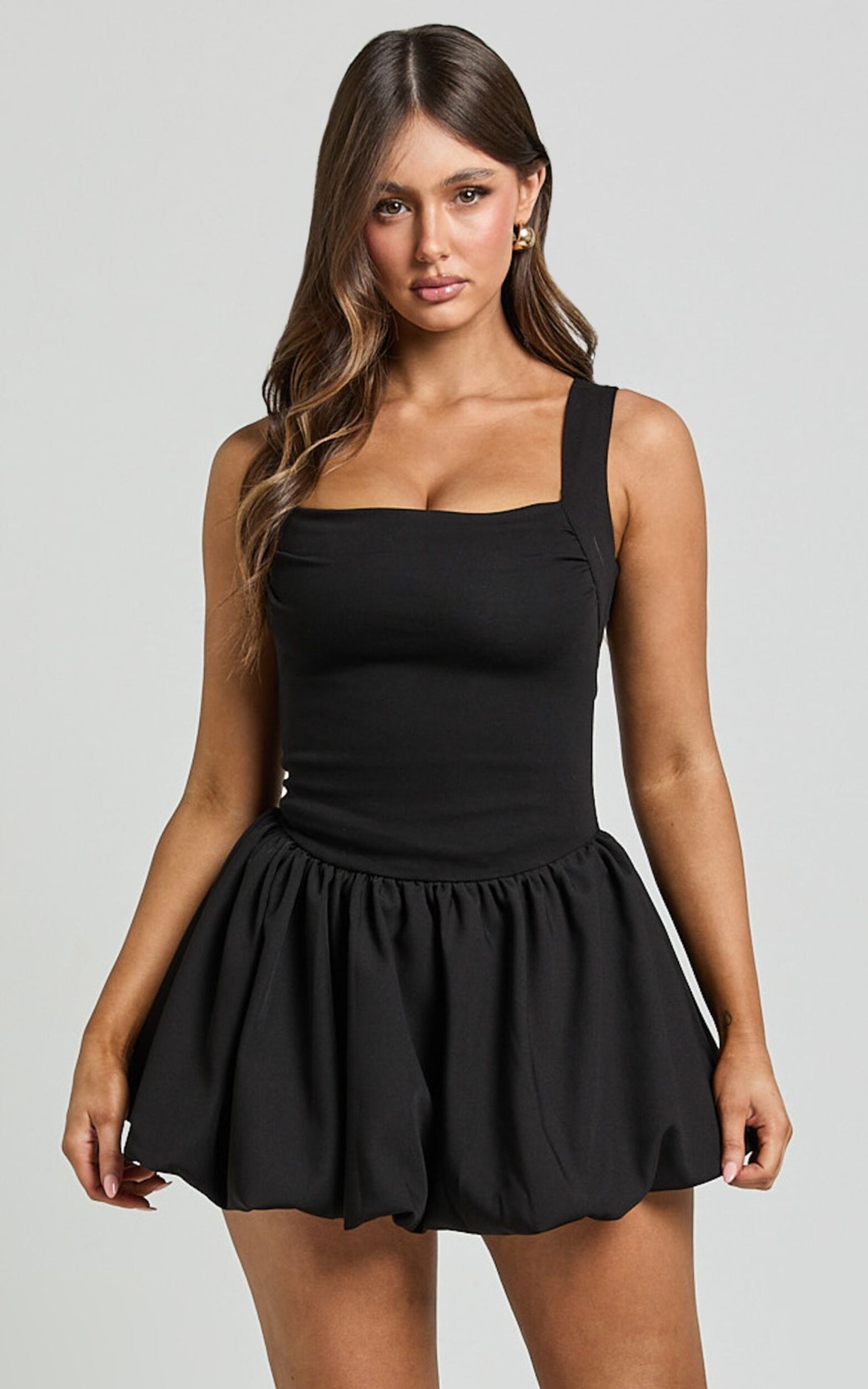 Bridgette Mini Dress - Straight Neck Sleeveless Bubble Hem Dress in Black