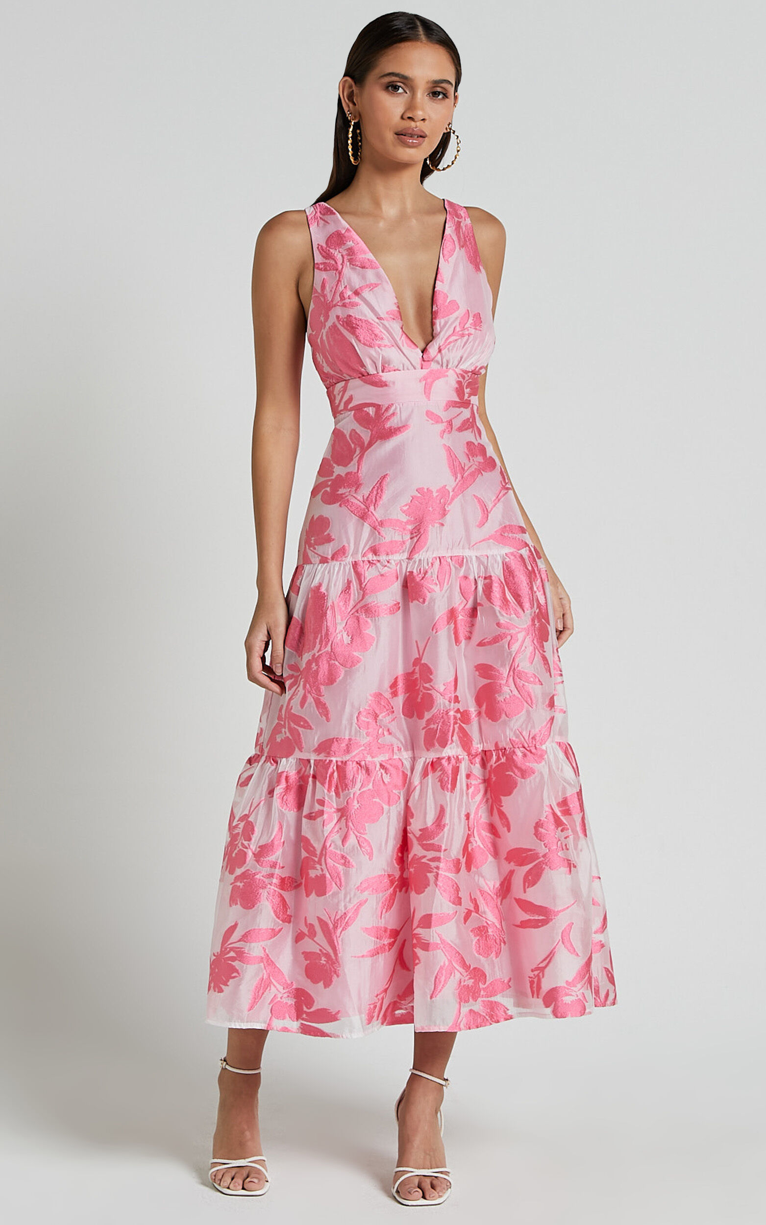 Reba Midi Dress - V Neck Tiered Jacquard Dress in Pink