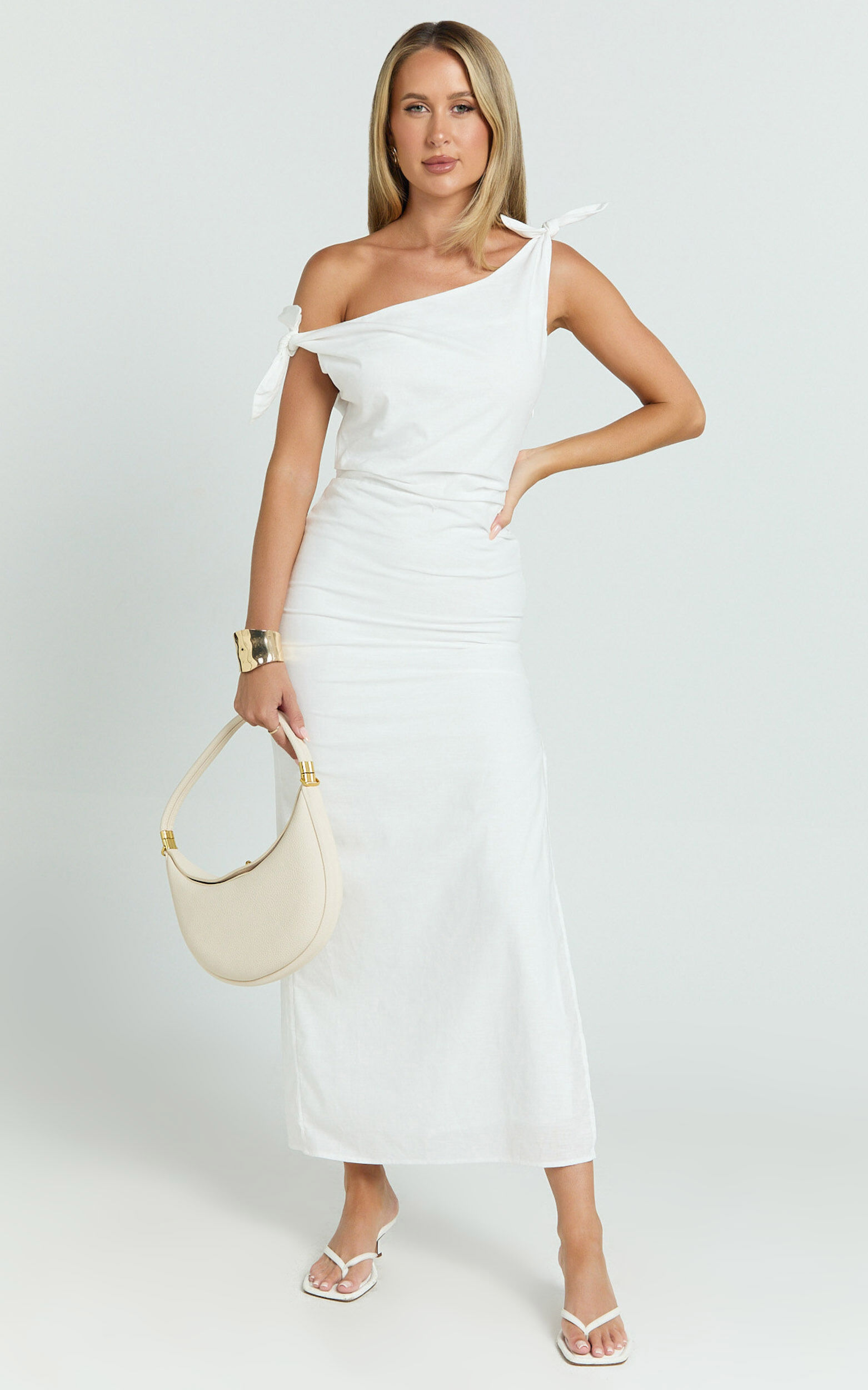 Cincinnati Midi Dress - Off The Shoulder Side Split Column Linen Dress in White
