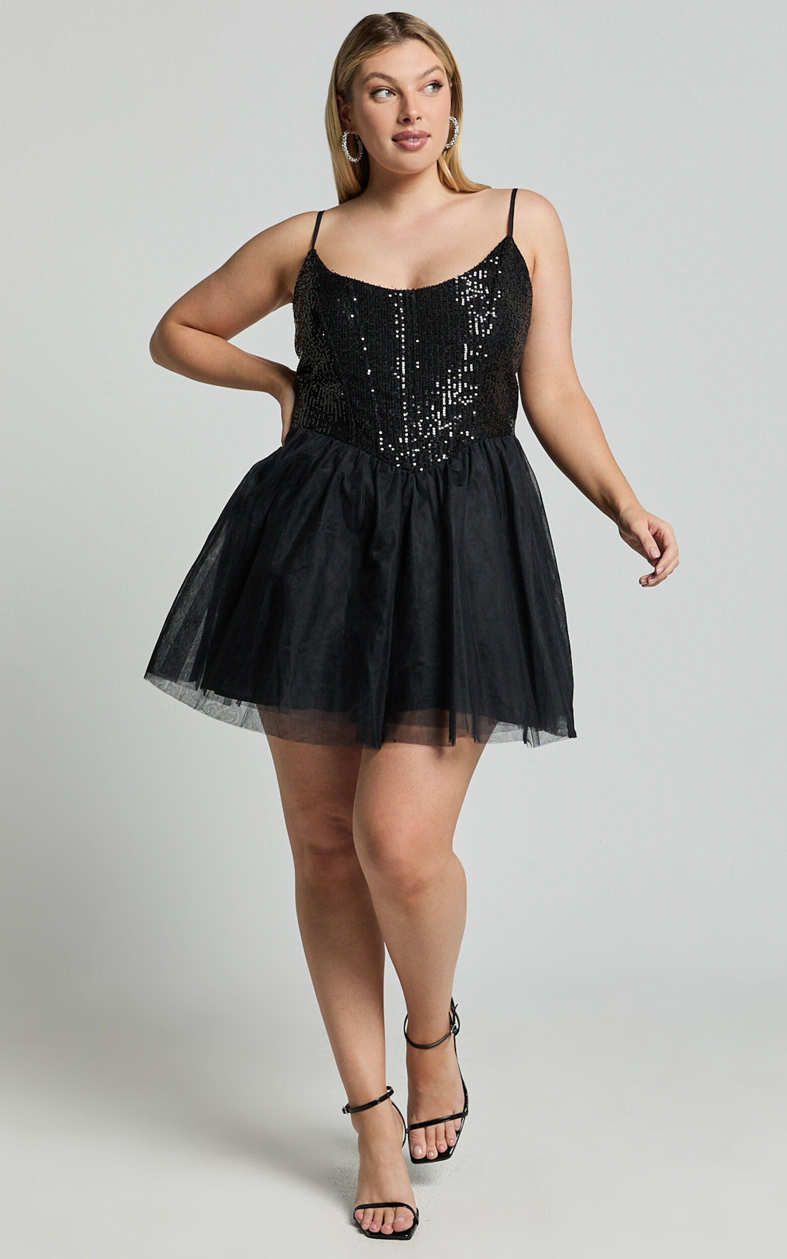 Violette Mini Dress - Sequin Corset Tulle Skirt Dress in Black