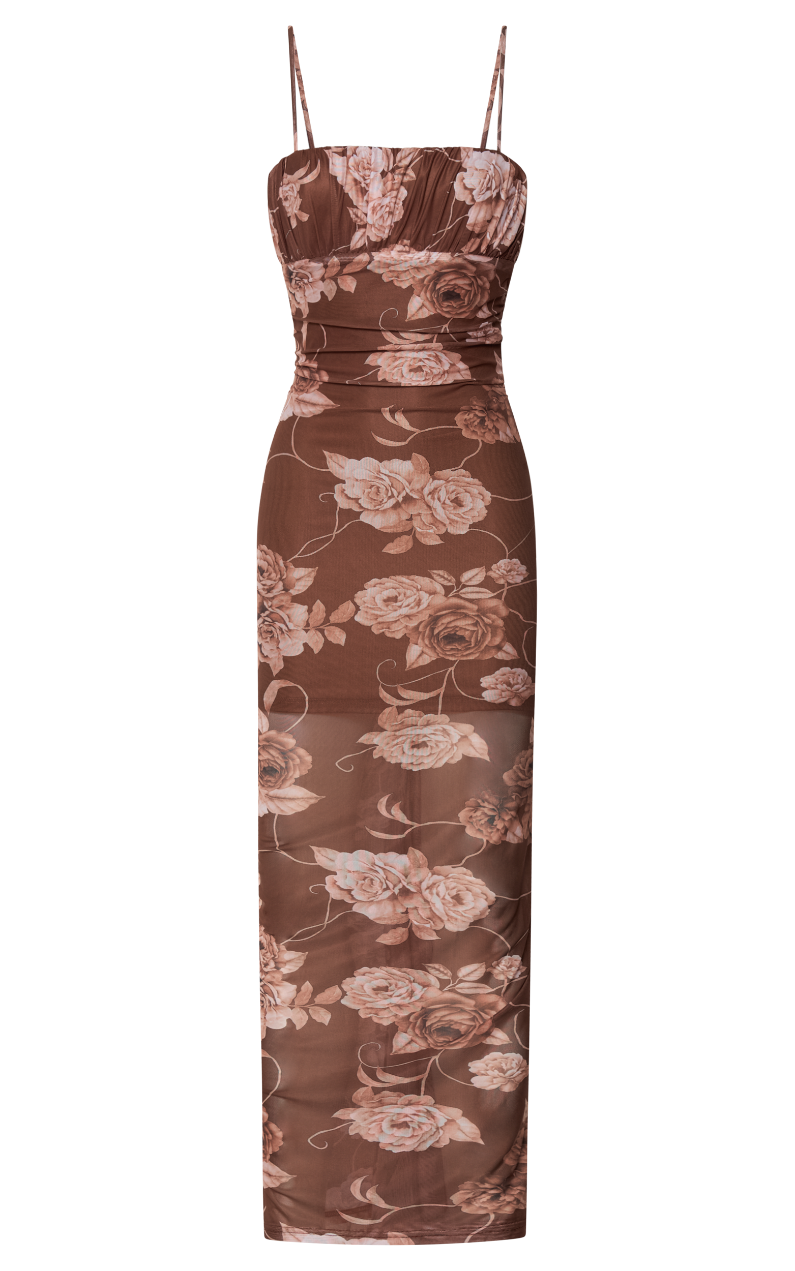 Vinnie Midi Dress - Strappy Ruched Bust Bodycon Dress in Chocolate Floral