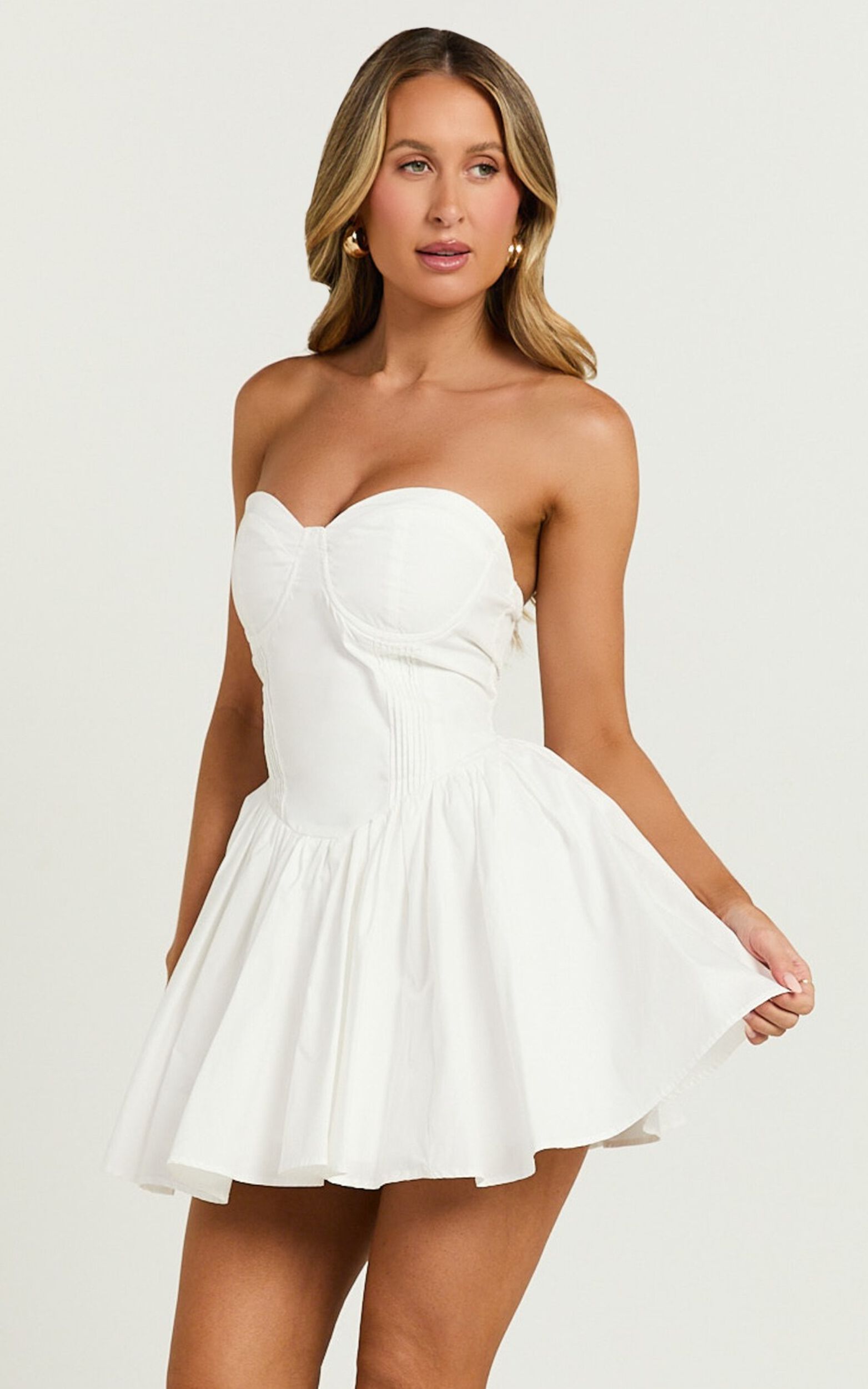 Suzanna Mini Dress - Strapless Pleat Full Skirt Mini in White