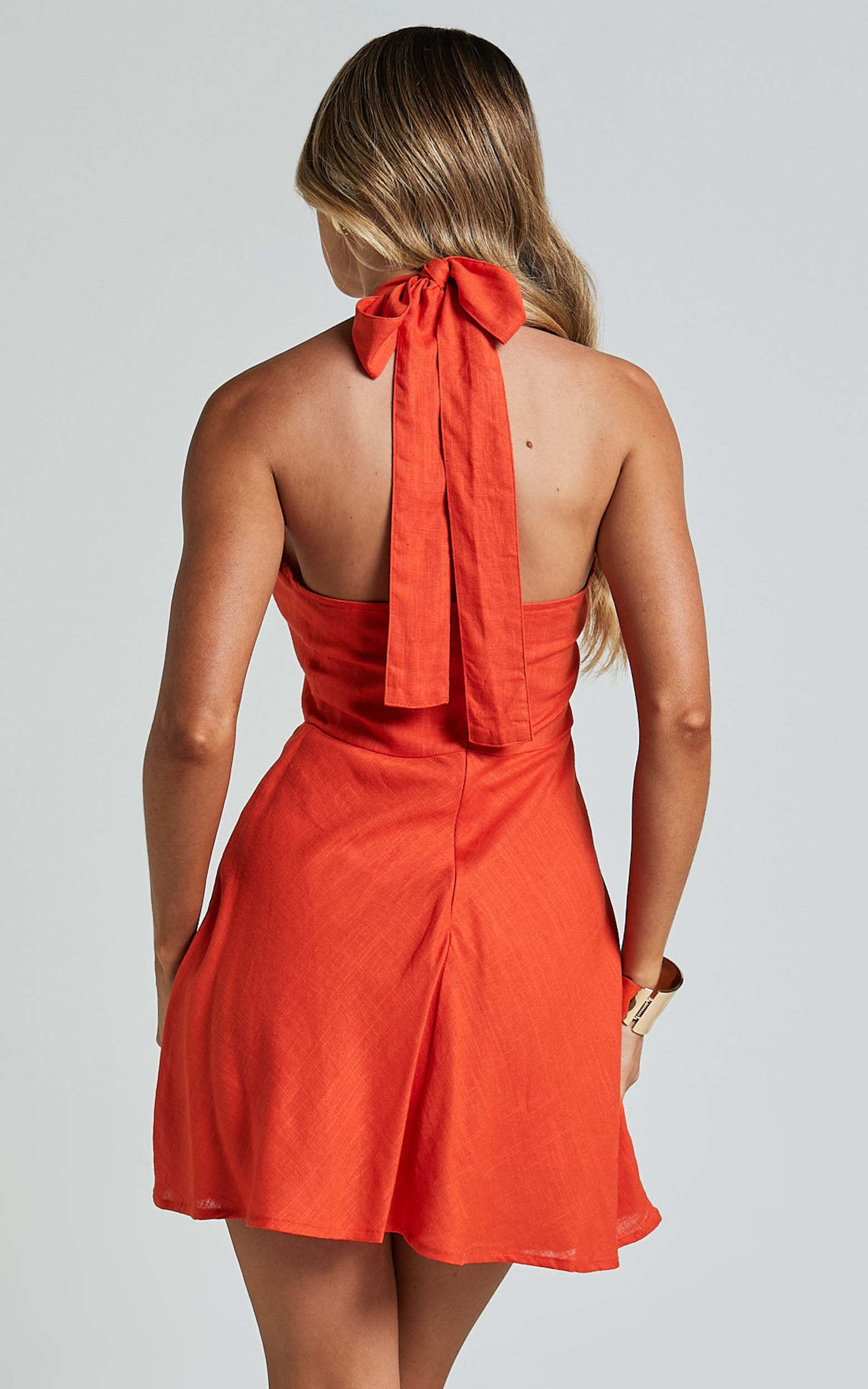 Louie Mini Dress - Linen Halter Neck Dress in Orange