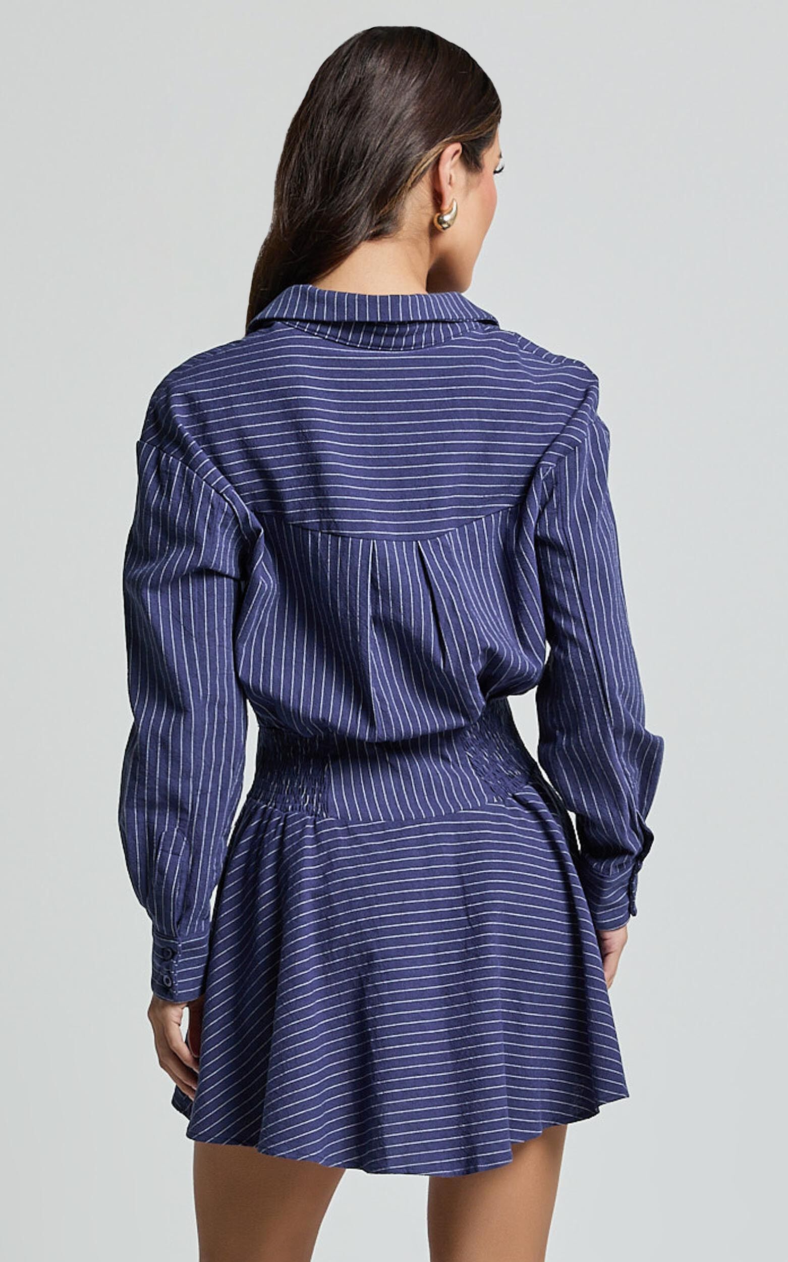 Whitney Mini Dress - Linen Long Sleeve Shirt Dress in Navy
