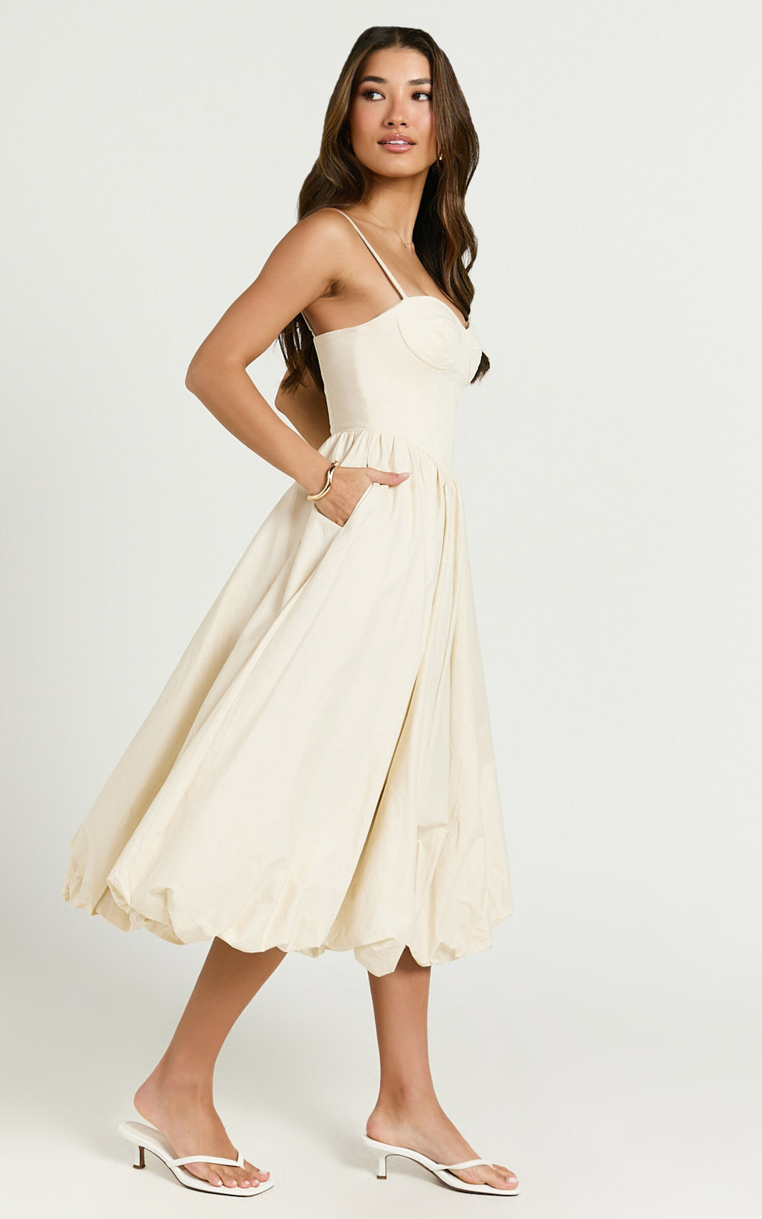 Kara Midi Dress - Strapped Bustier Bubble Hem Dress in Cream