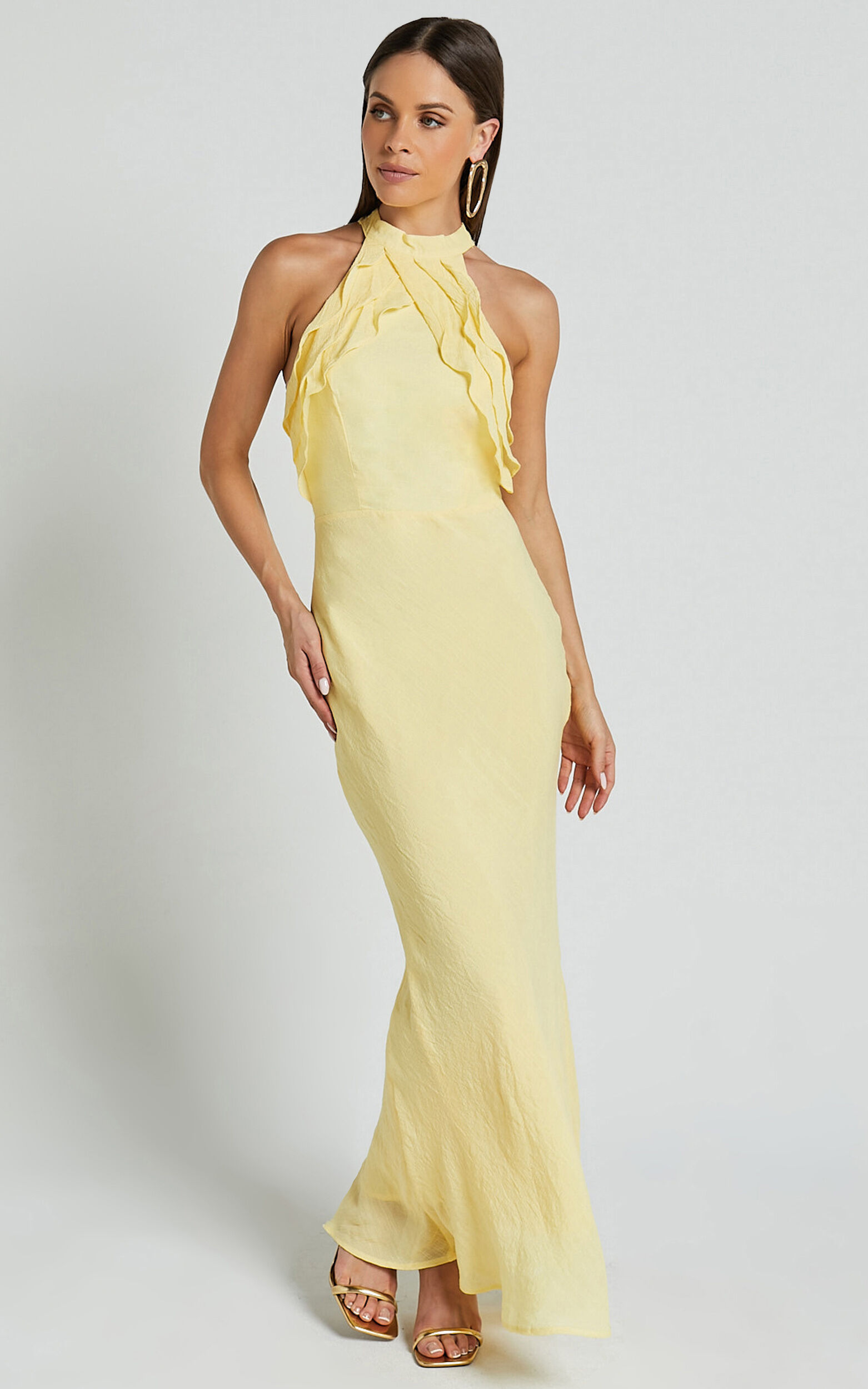 Asha Maxi Dress- High Neck Ruffle Detail Dress in Banana