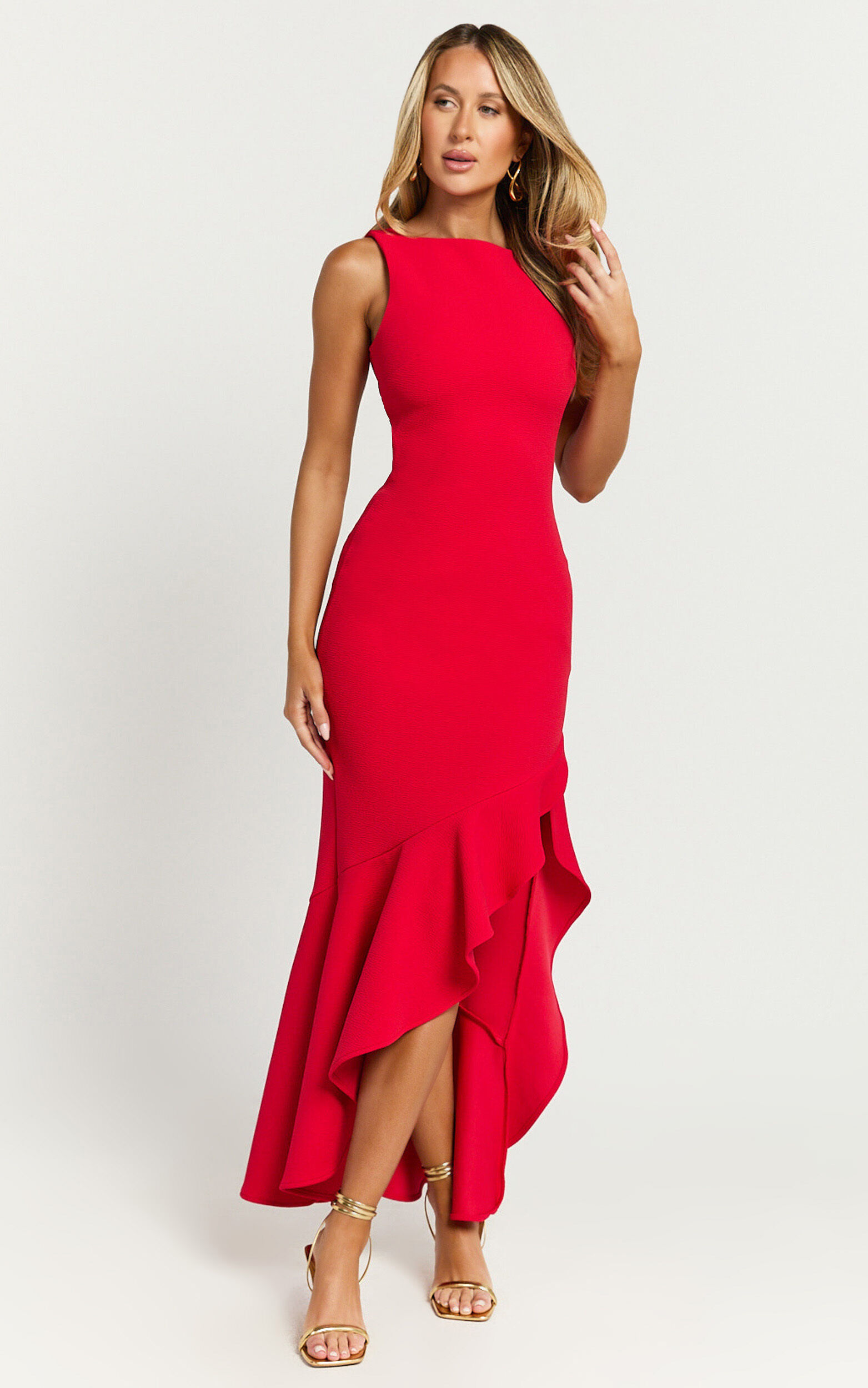 Luiza Midi Dress - Ruffle Hem Corset Back Dress in Red