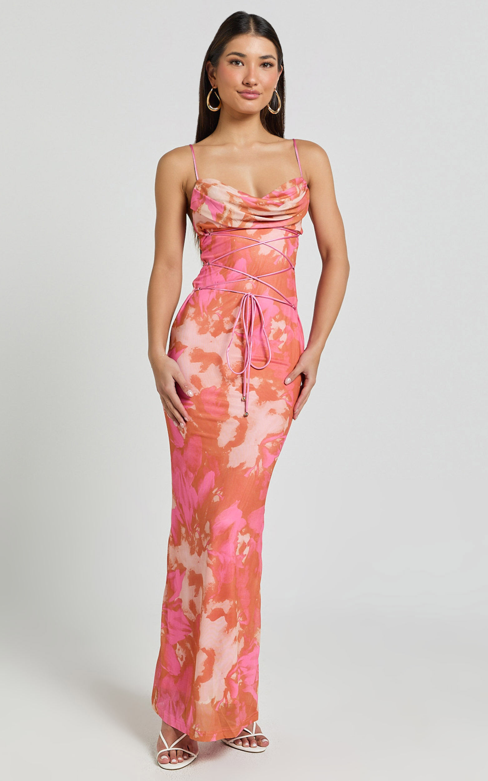 Ariel Midi Dress - Mesh Bodycon Tie Detail Dress in Pink Blur Print