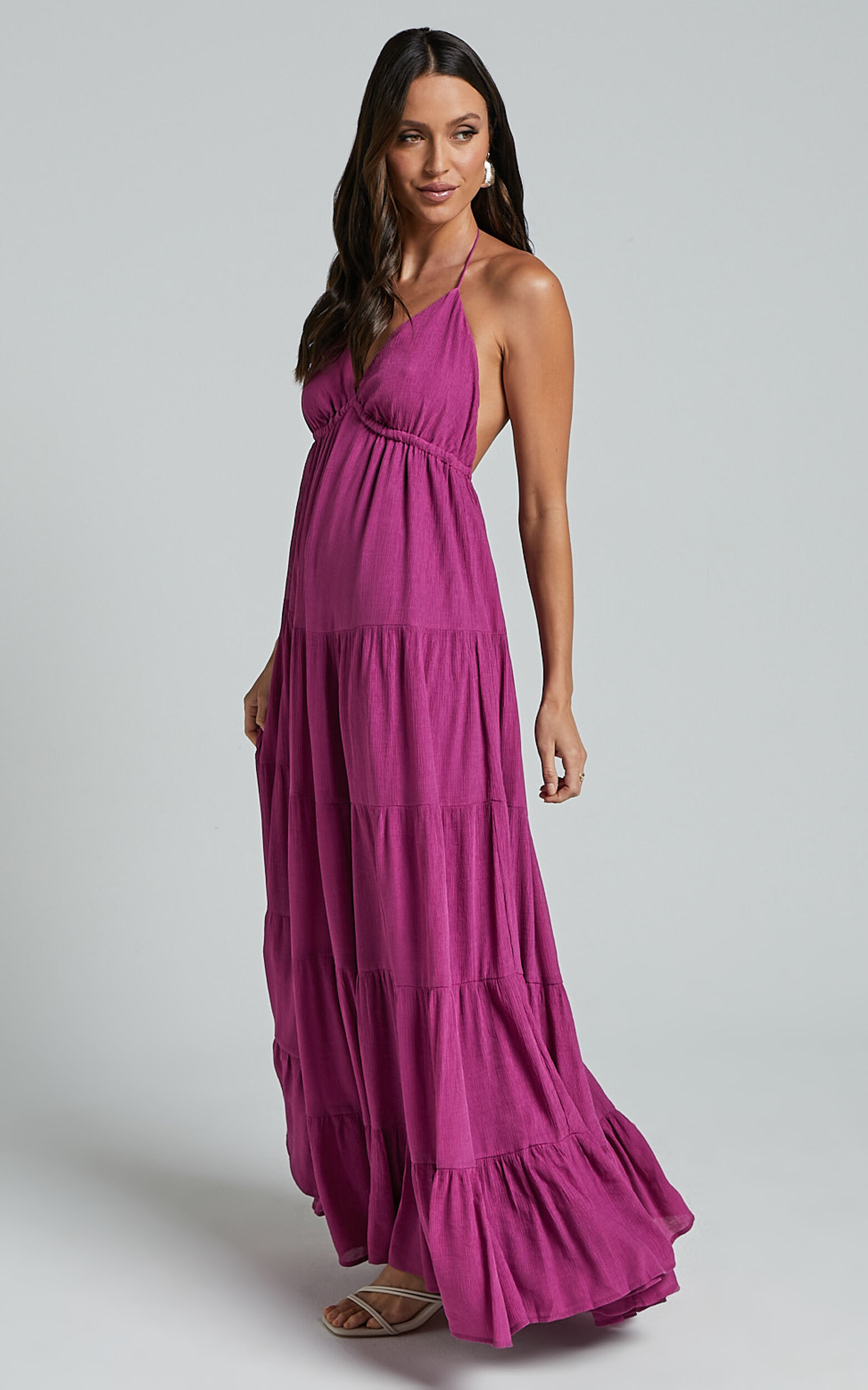 Claudia Maxi Dress - Halter Neck Low Back Empire Waist Tiered Dress in Magenta