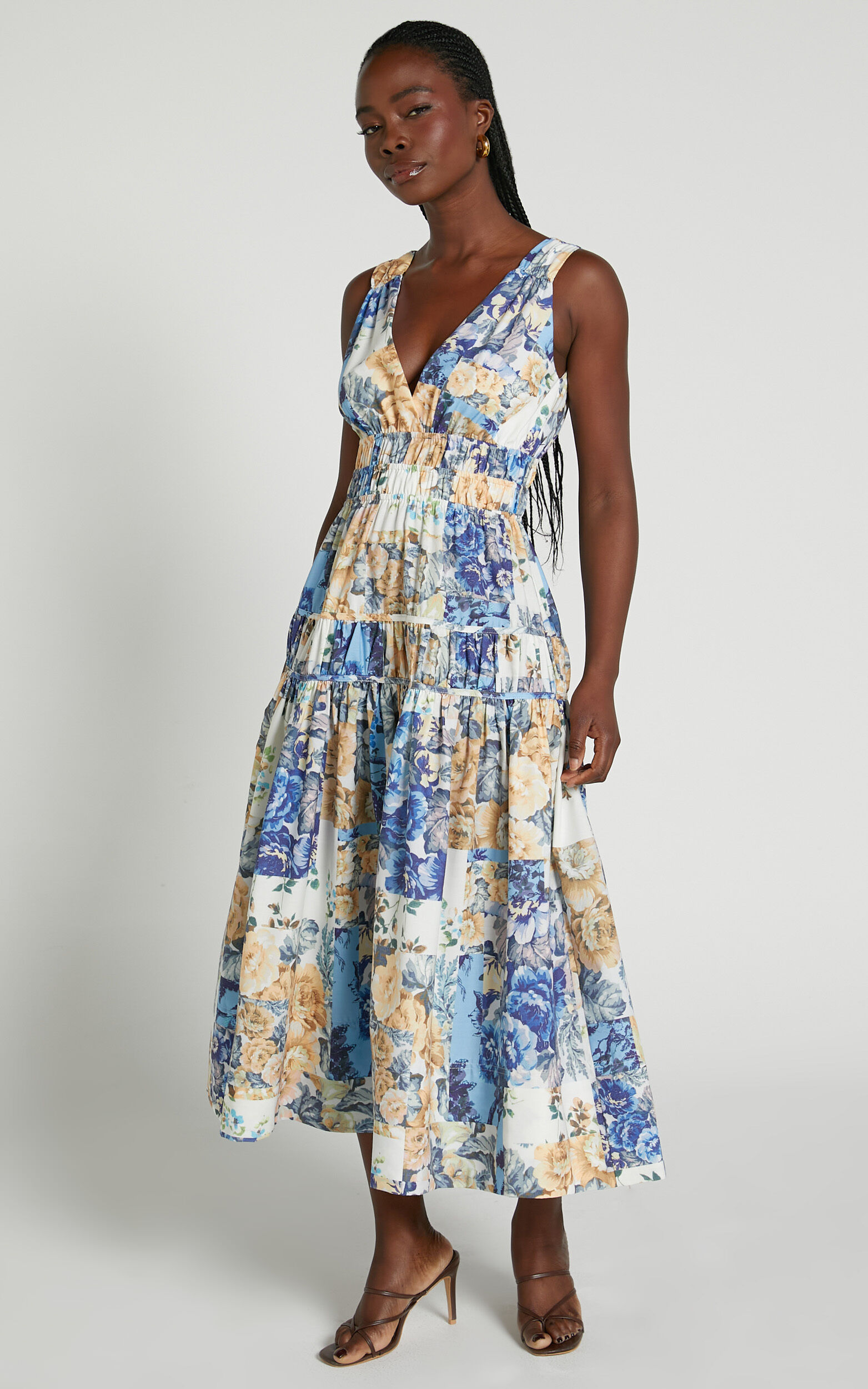 Emily Midi Dress - Plunge Tiered Midi in Patchwork Floral
