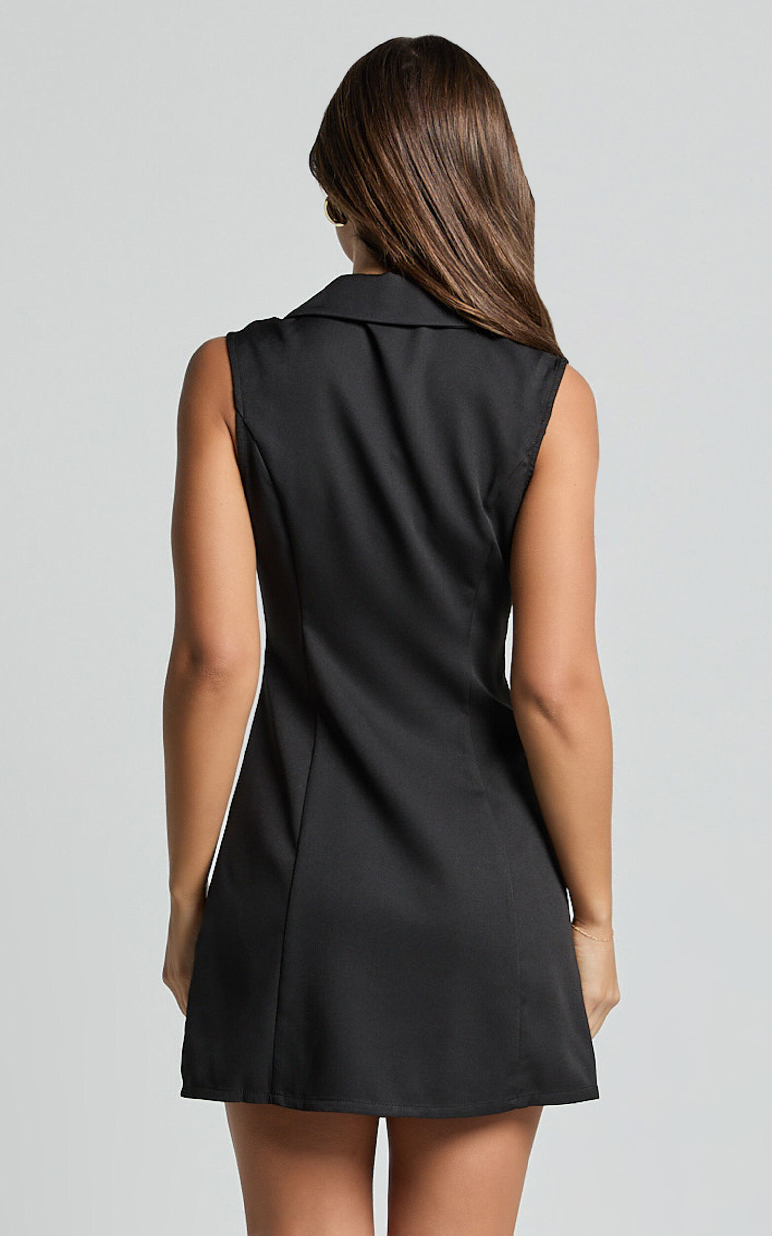 Tymia Mini Dress - Button Through Collar V Neck Dress in Black