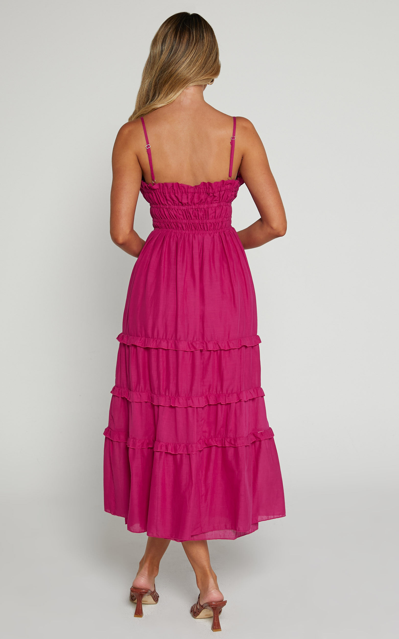 Schiffer Midi Dress - Strappy Ruched Tie Front Tiered Dress in Raspberry