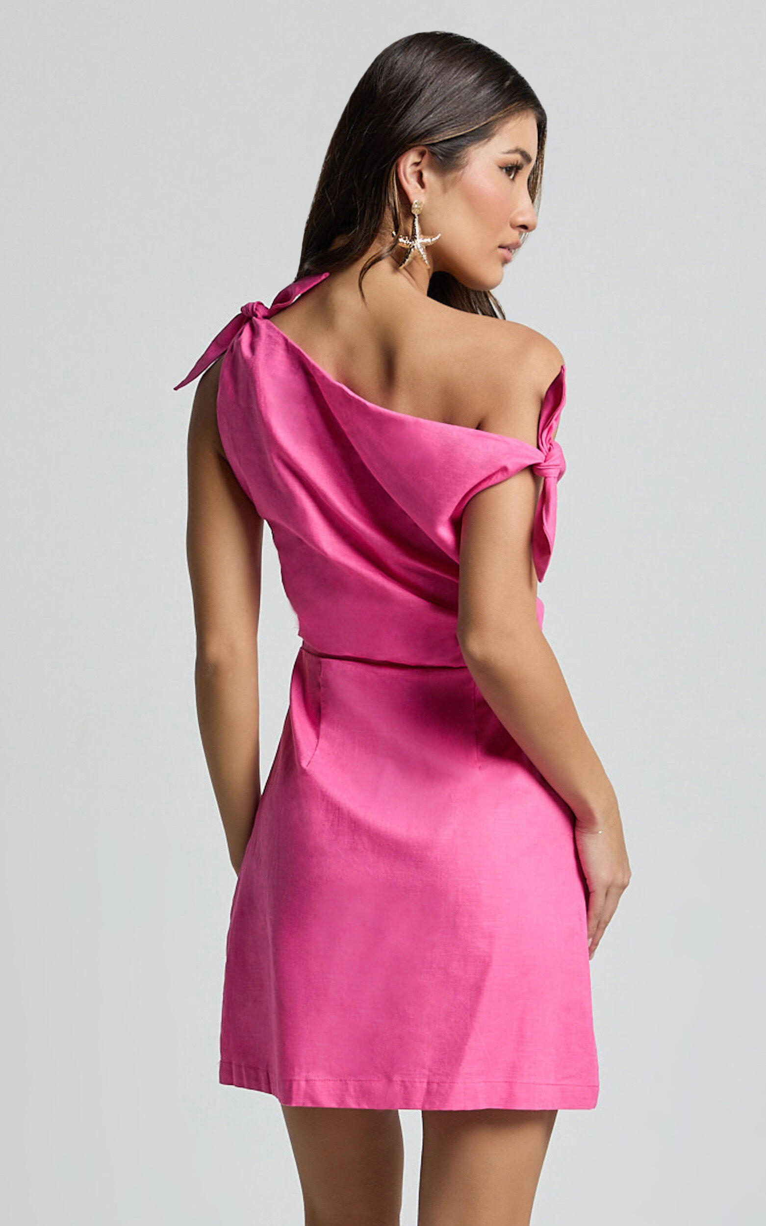 Jeofina Mini Dress - Off The Shoulder Linen Look Dress in Pink