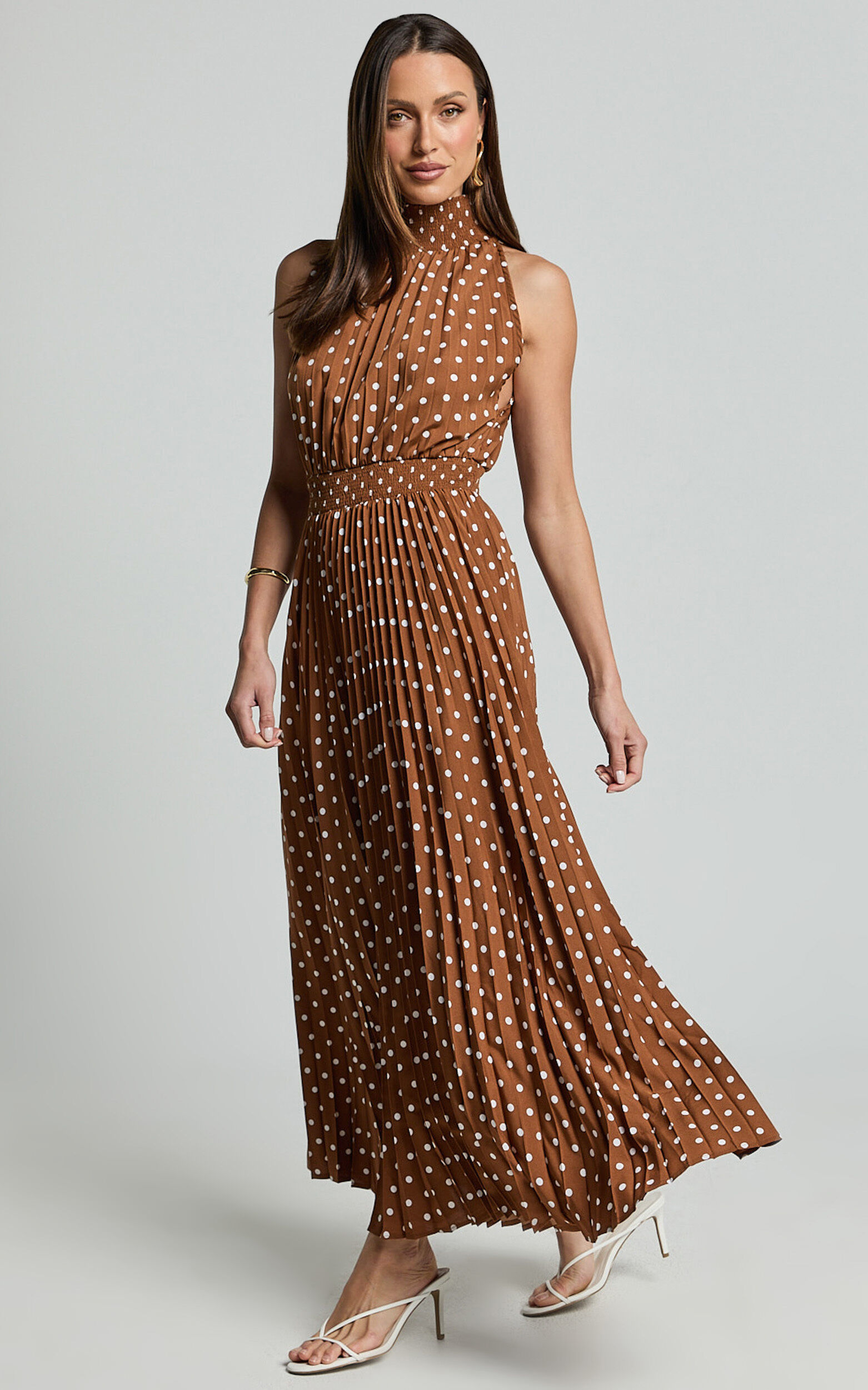 Jacynthia Midi Dress - Pleated High Neck Dress in Chocolate/White