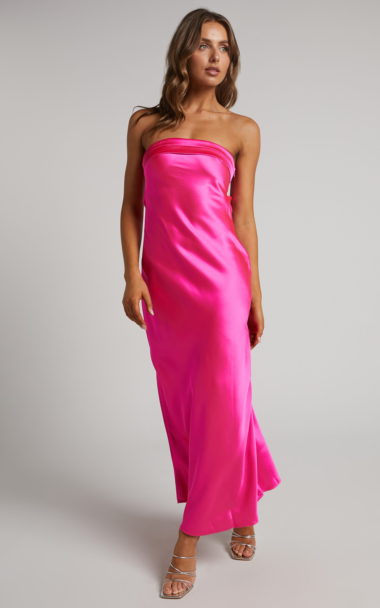 Tracey Maxi Dress - Strapless Back Drape Satin Dress in Pink