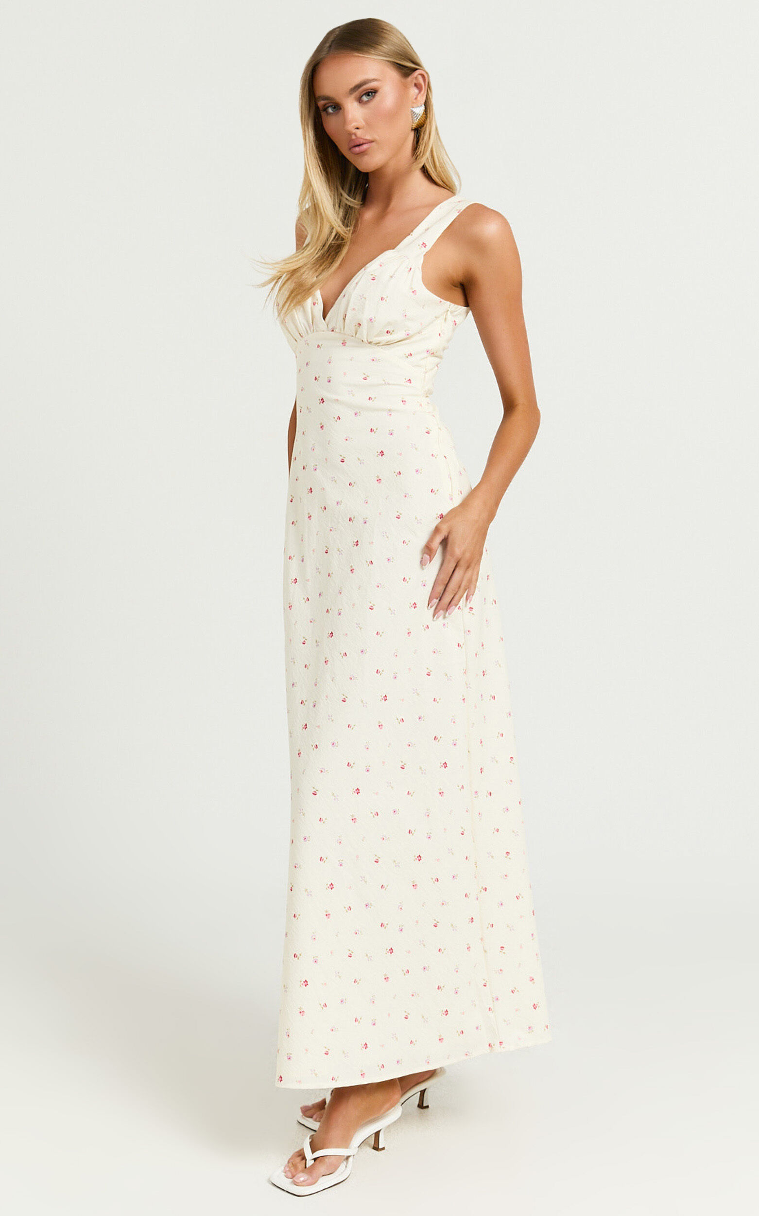 Mauriel Midi Dress - Deep V Gathered Bust Slip Dress in Lemon Floral