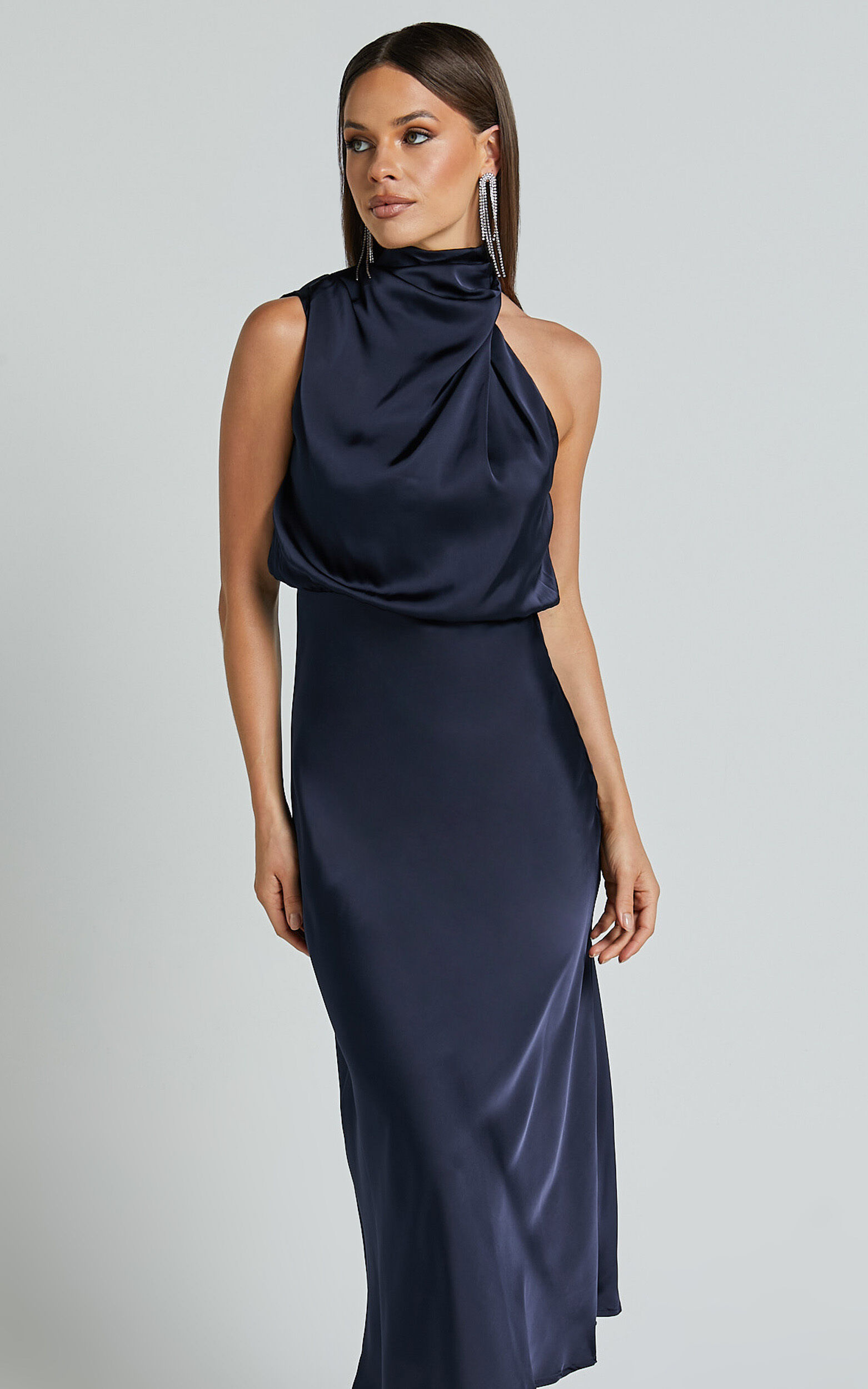 Minnie Midi Dress - Drape Neck Satin Slip Dress in Midnight Blue