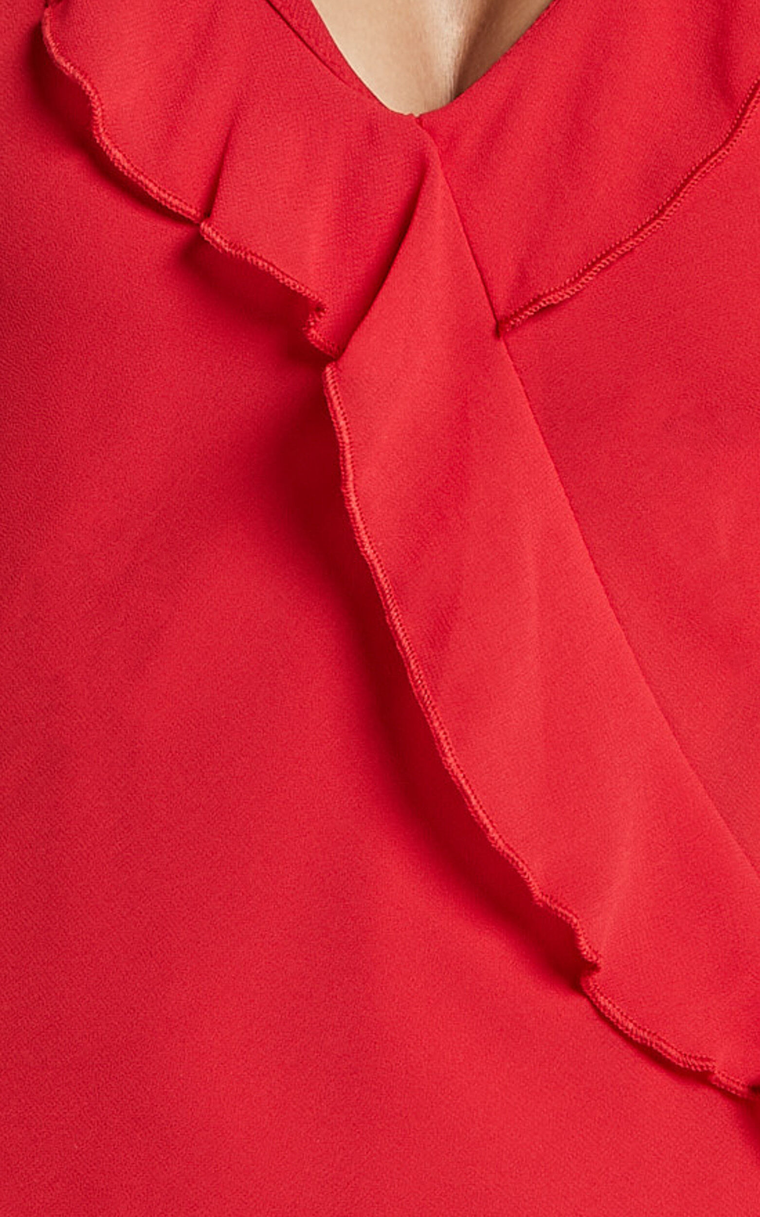 Laurie Midi Dress - Plunge Frill Detail Slip Dress in Red