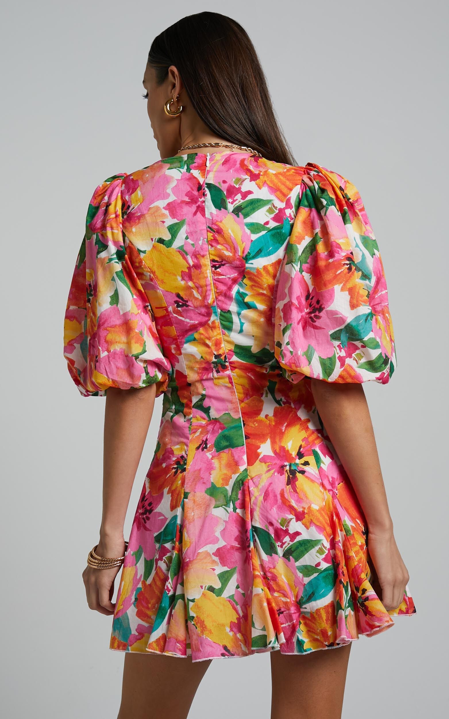 Shairah Mini Dress - V Neck Puff Sleeve Flutter Hem Dress in In Bloom