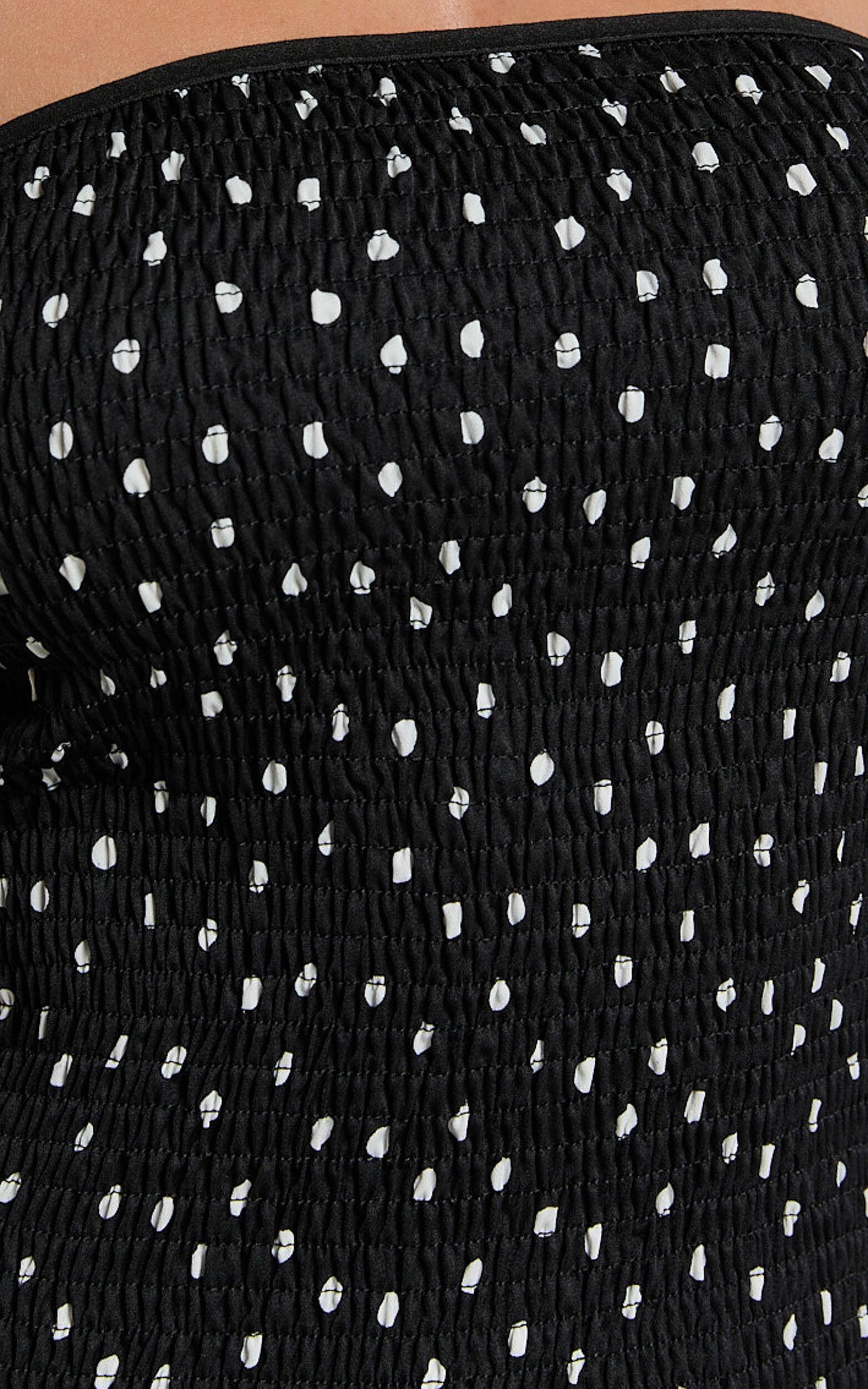 Hera Mini Dress - Drop Waist Ruched Fit and Flare Mini Dress in Black Polka Dot