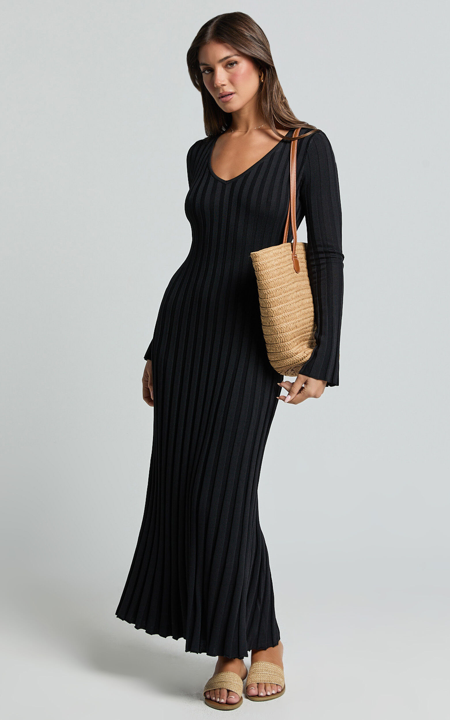 Astra Midi Dress - V Neck Long Sleeve Knit Dress in Black