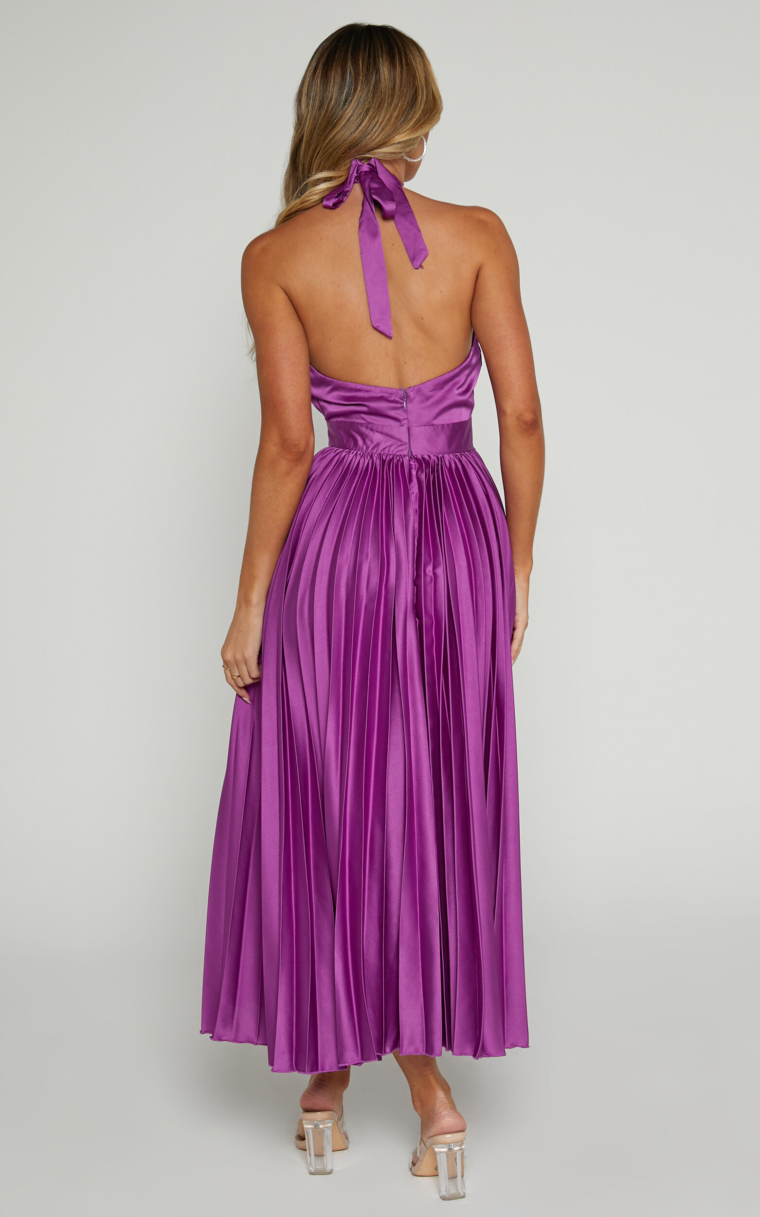 Eloise Midi Dress - Halter Neck Pleated Dress in Grape