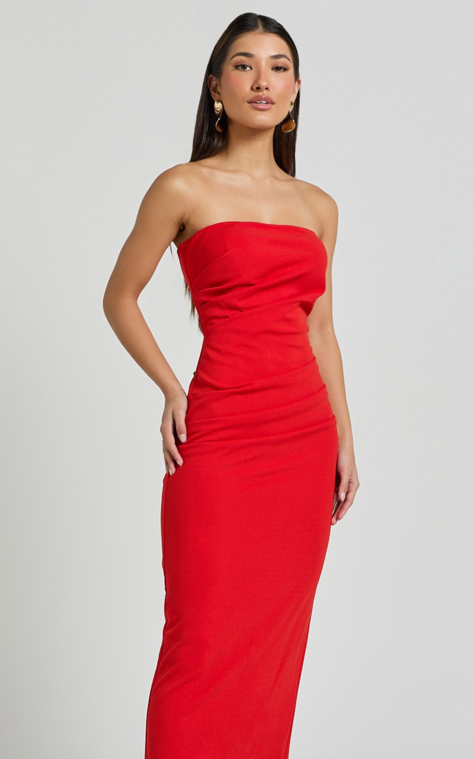 Calanthe Midi Dress - Strapless Tuck Detail Dress in Red