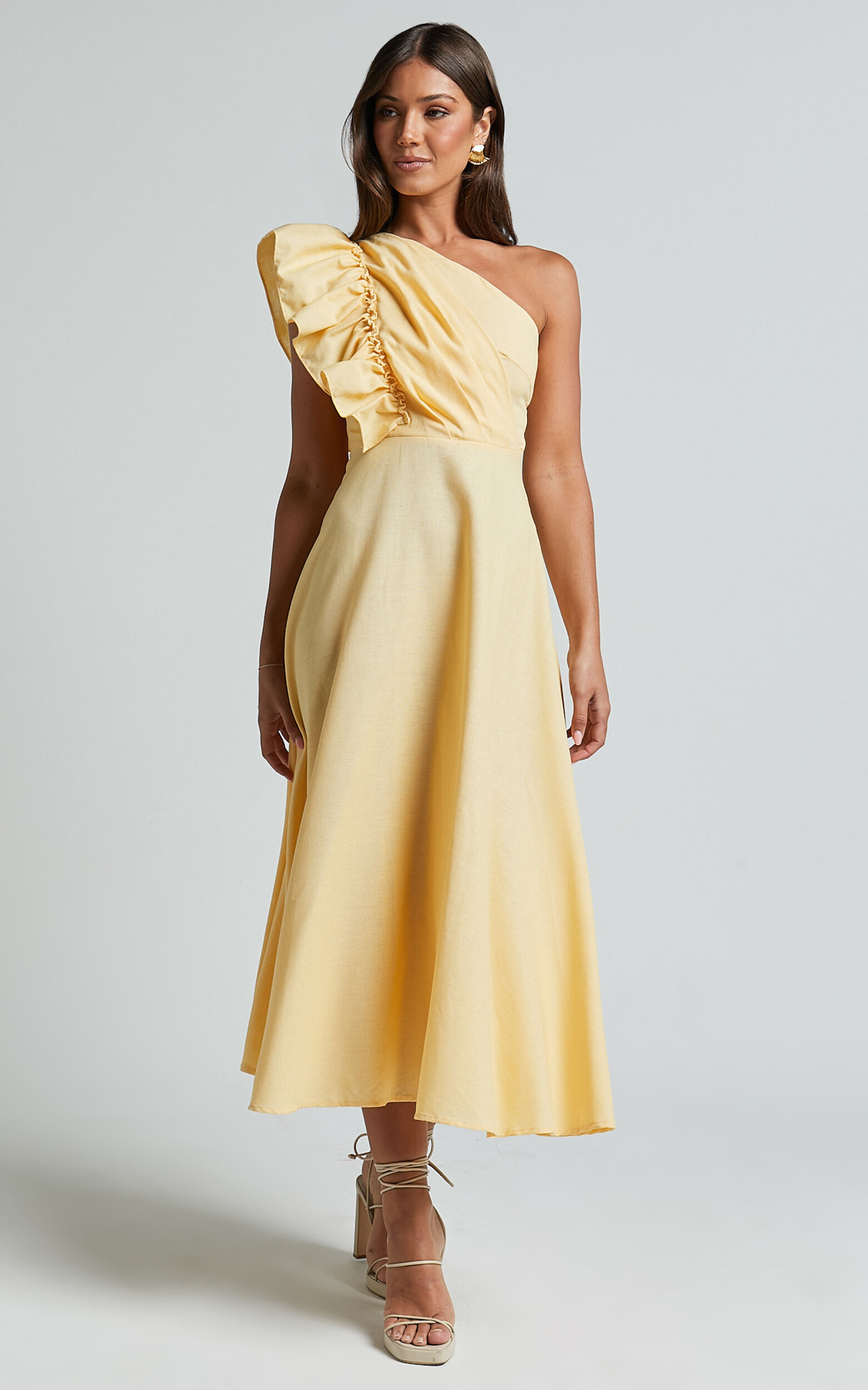Dixie Midi Dress - Linen Look One Shoulder Ruffle Dress in Lemon