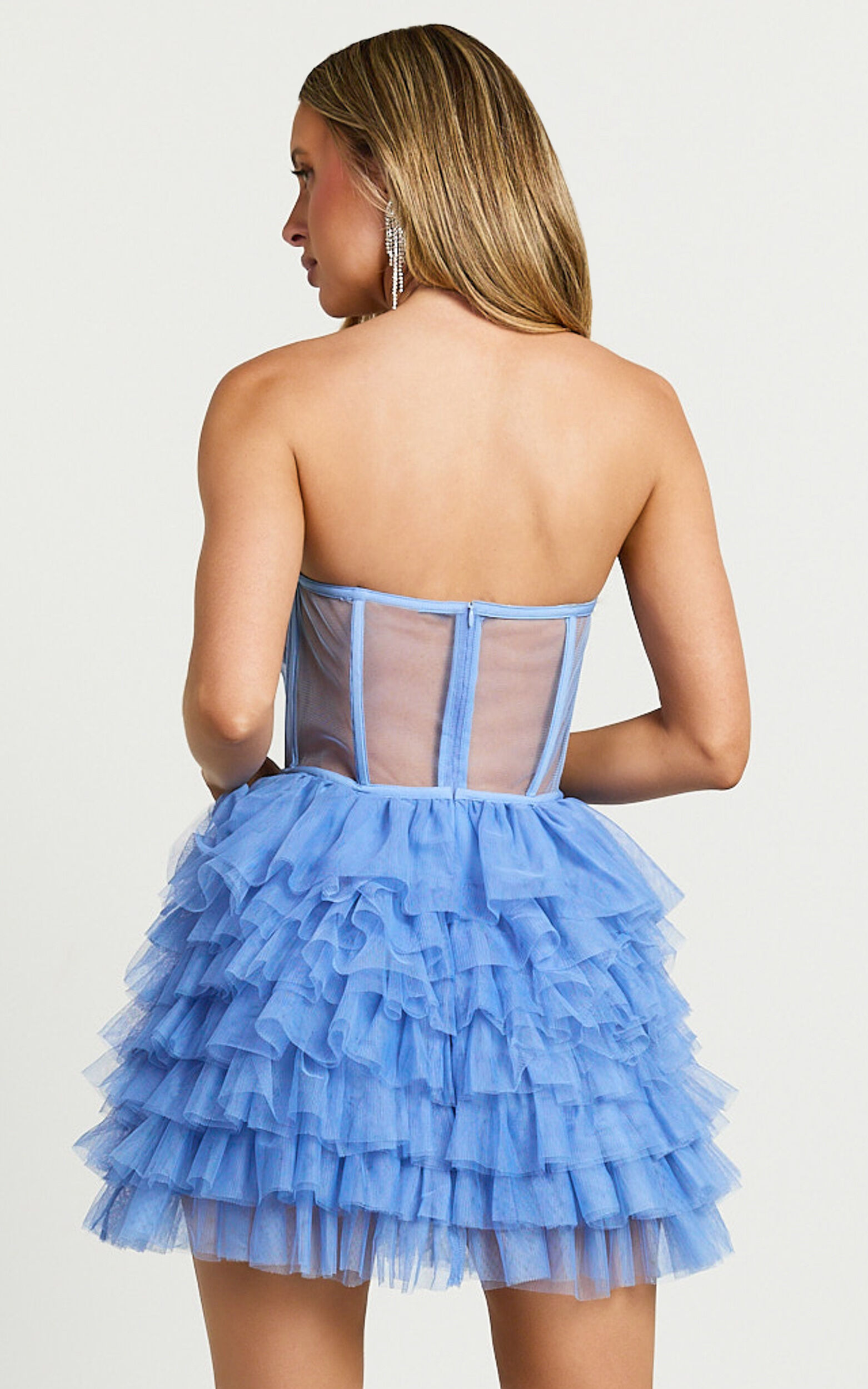 Amalie The Label - Meredith Strapless Tulle Tiered Bustier Mini Dress in Blue
