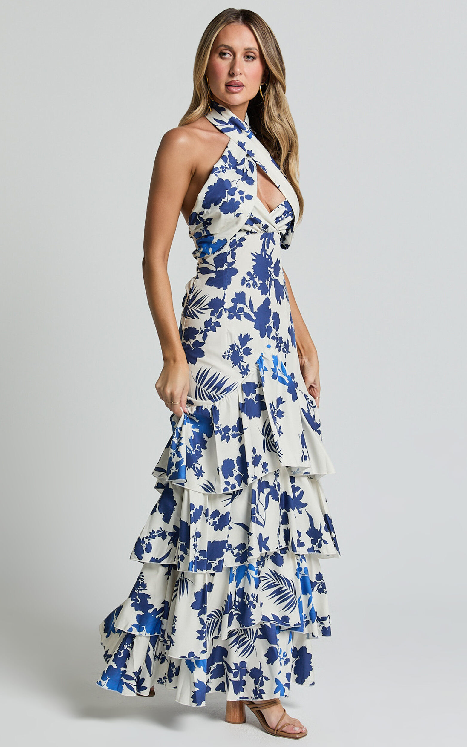 Talia Maxi Dress - Halter Neck Layered Dress in Blue and White Print