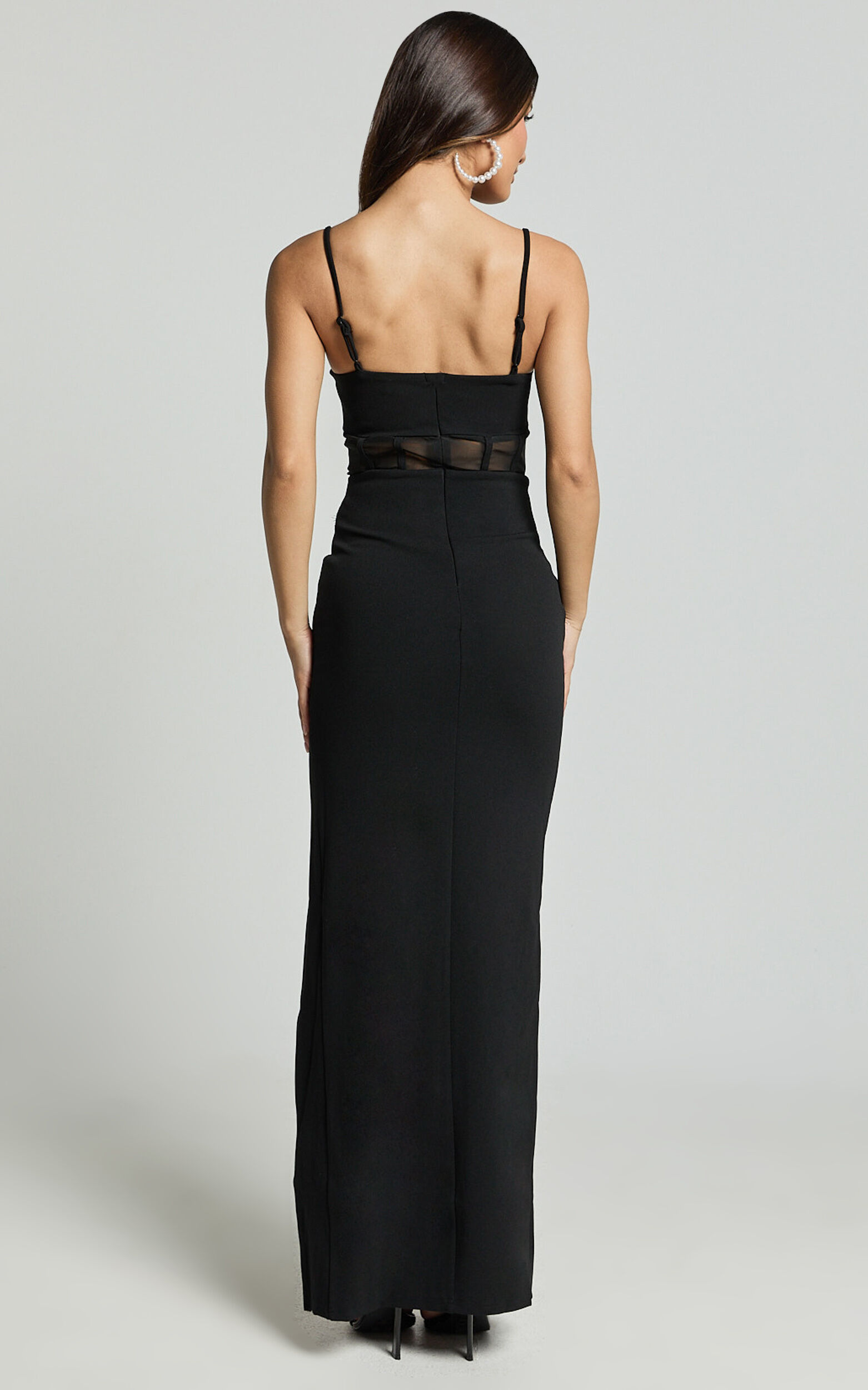 Carmen Midi Dress - Sheer Corset Panel High Split Dress in Black