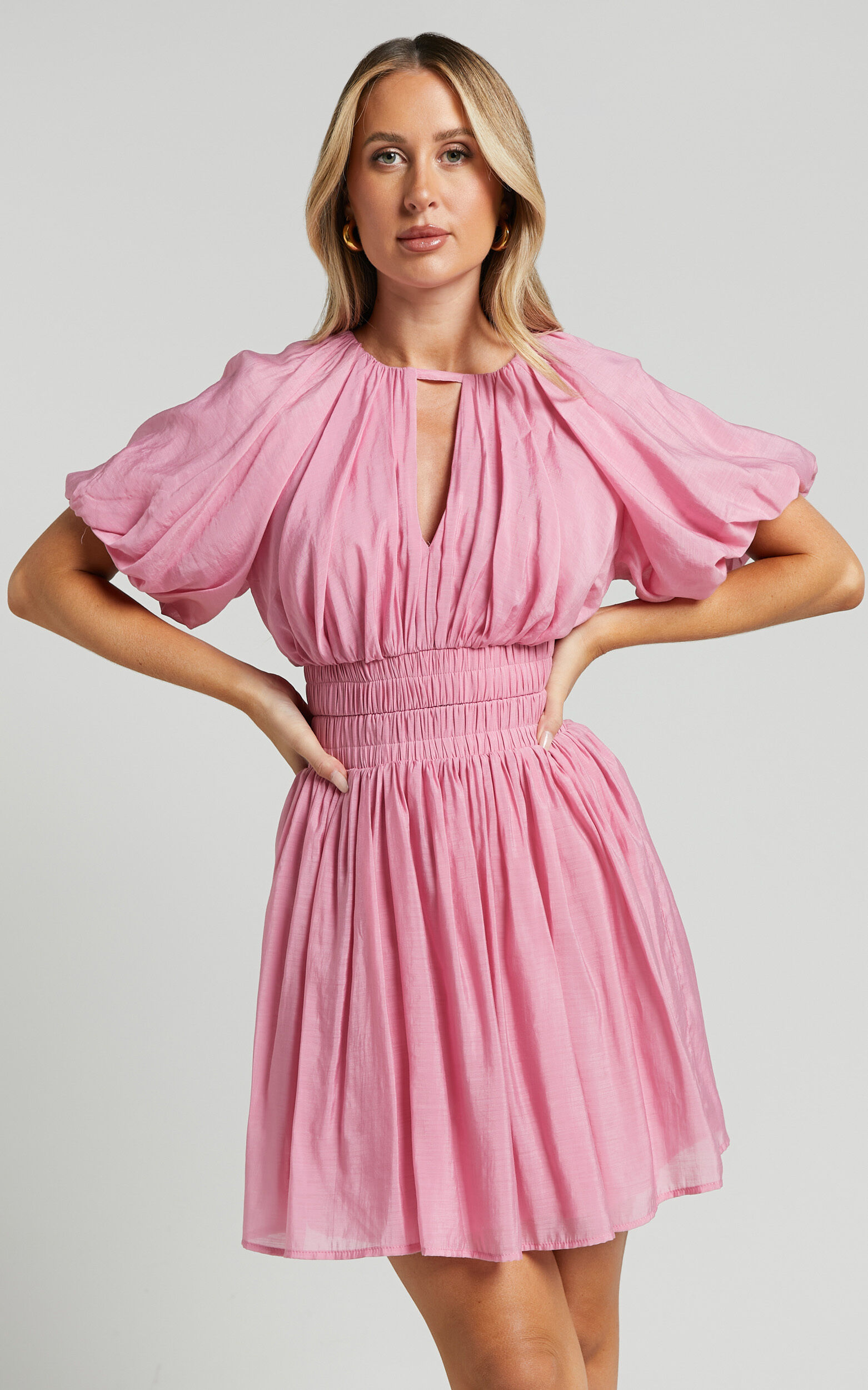 Michalka Mini Dress - Blouson Puff Sleeve Elasticised Waist in Pink