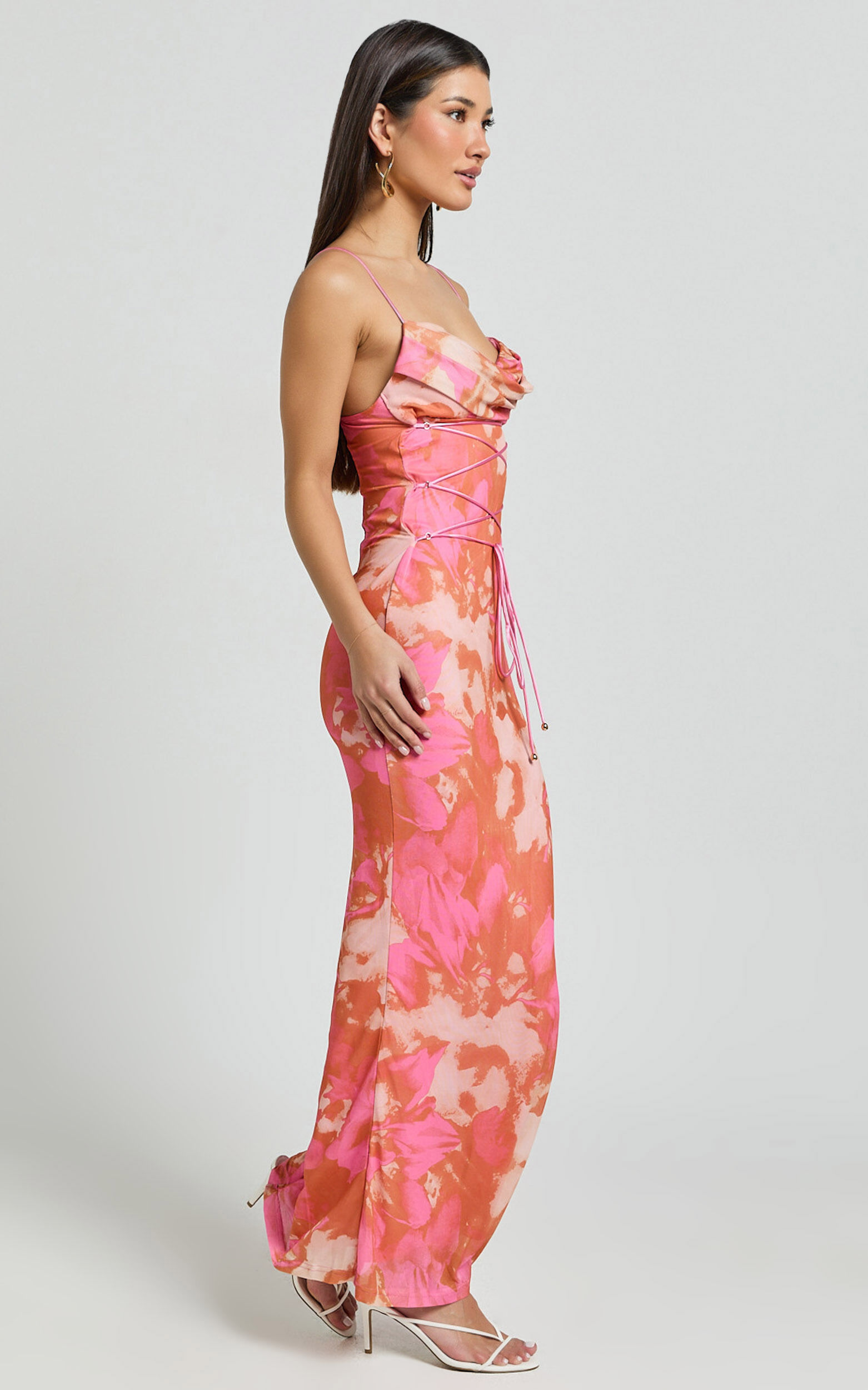 Ariel Midi Dress - Mesh Bodycon Tie Detail Dress in Pink Blur Print