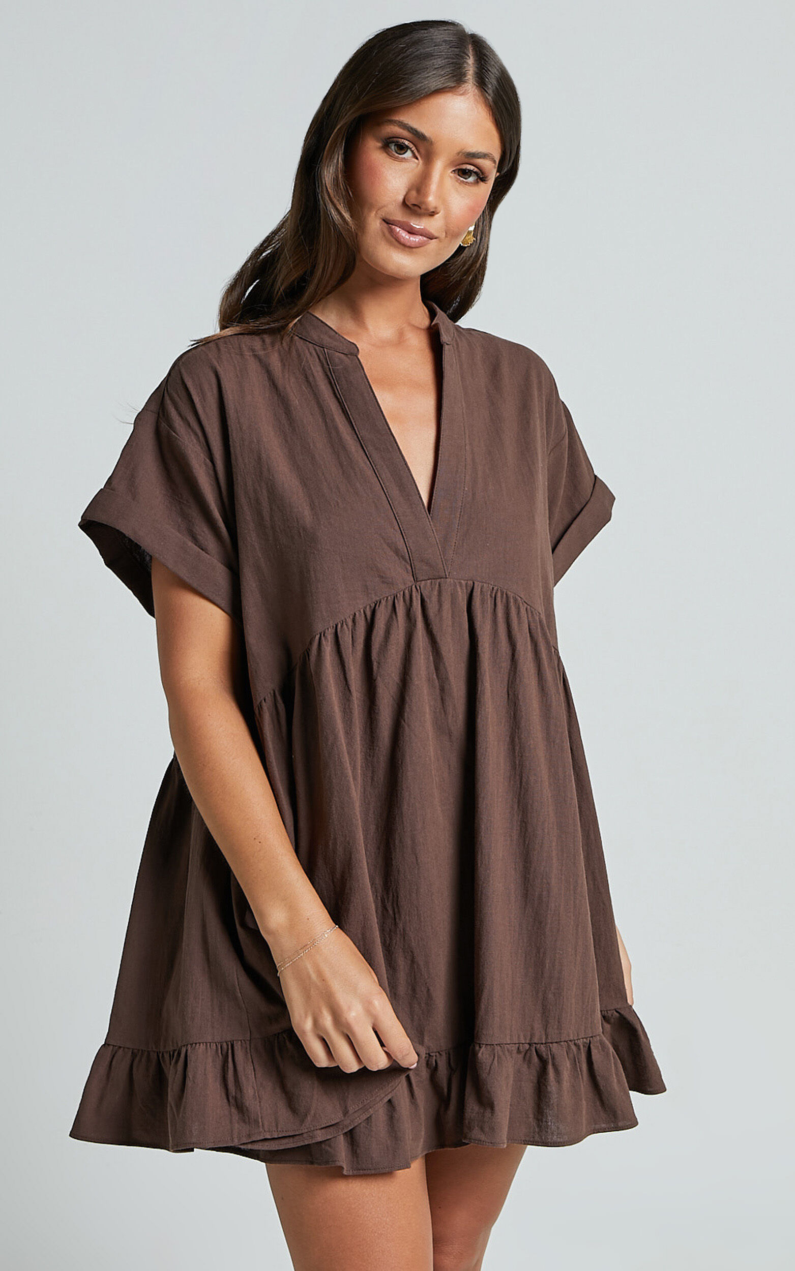 Calissa Mini Dress - Frill Hem Smock Dress in Chocolate