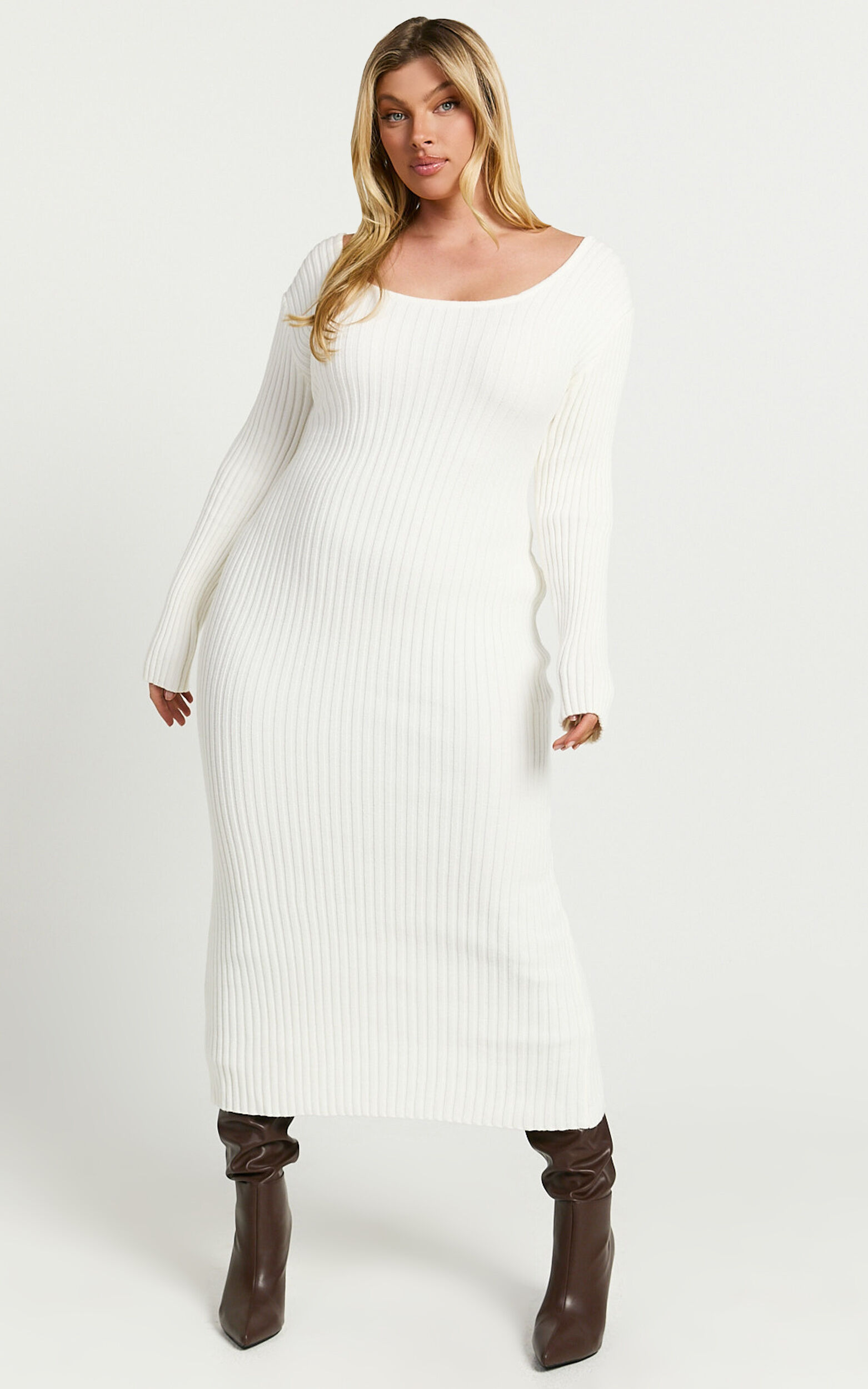 Kister Midi Dress - Long Sleeve Twist Back Dress in Ivory