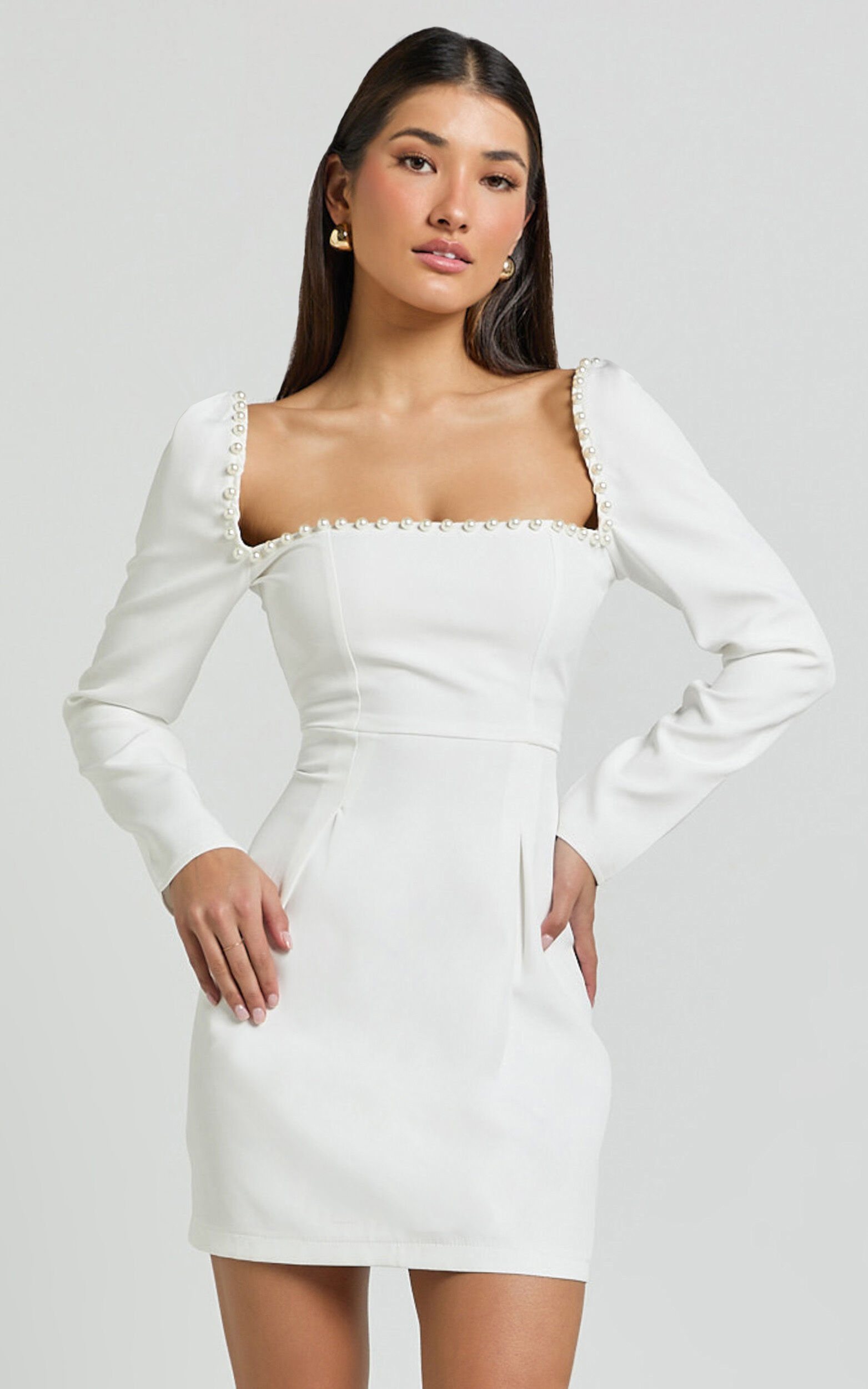 Edelyn Mini Dress - Square Neck Long Sleeve A Line Dress in White