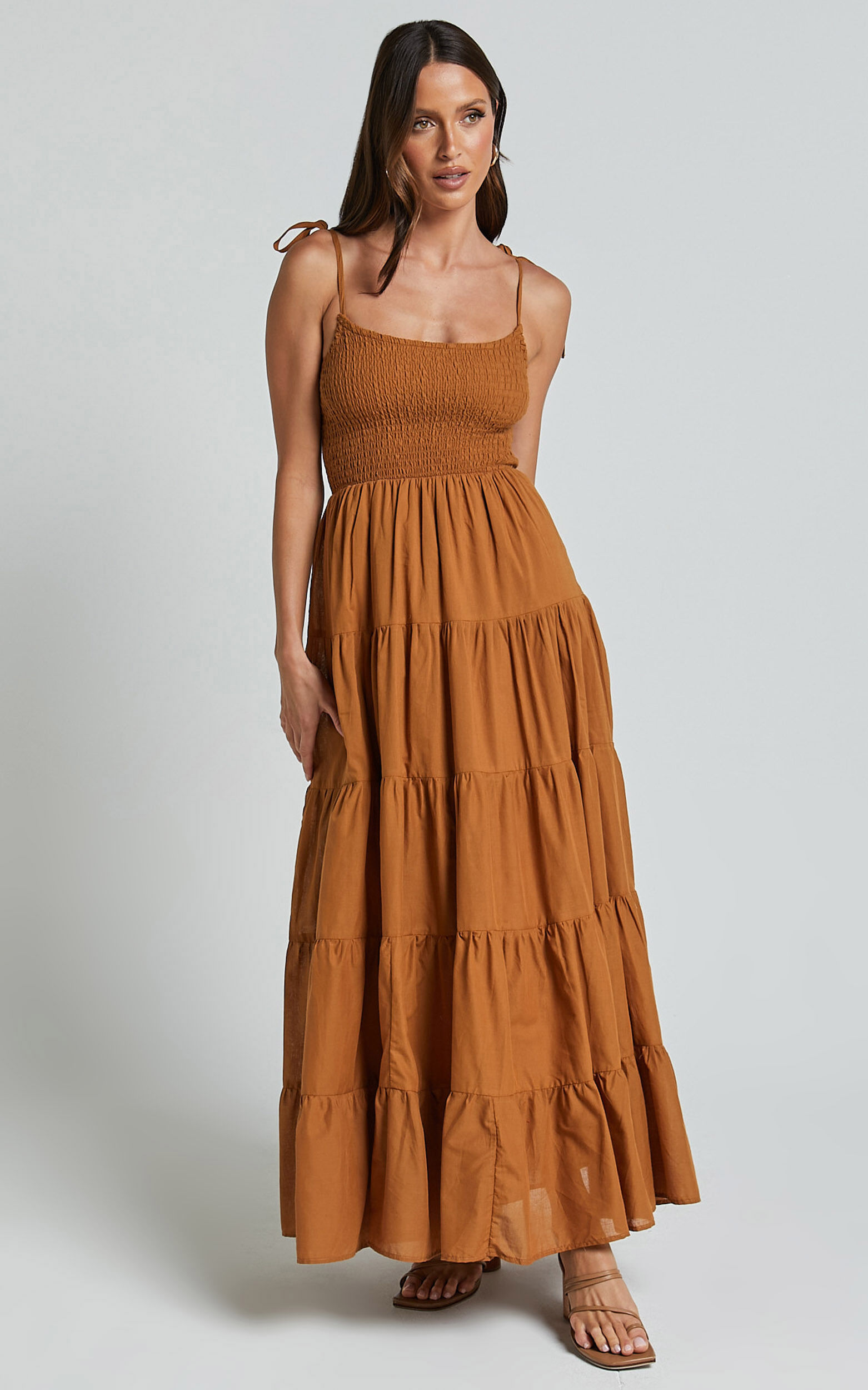 Angie Maxi Dress - Tie Strap Ruched Tiered Dress in Chocolate