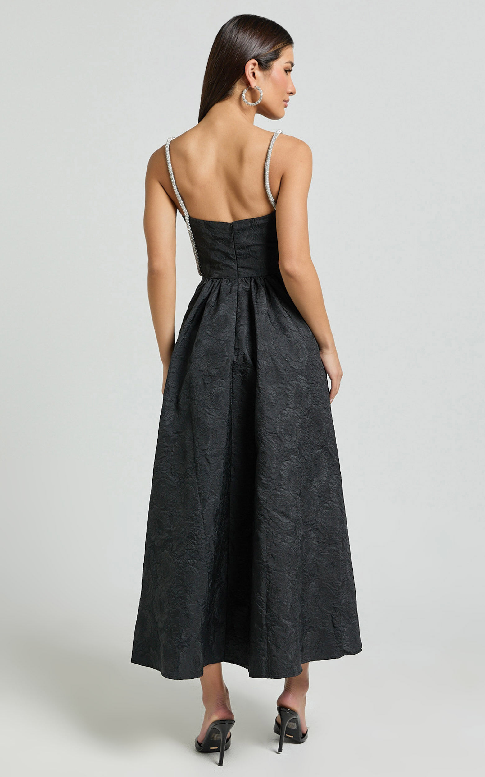 Alvia Midi Dress - Diamante Strap Ruched Straight Neck Dress in Black