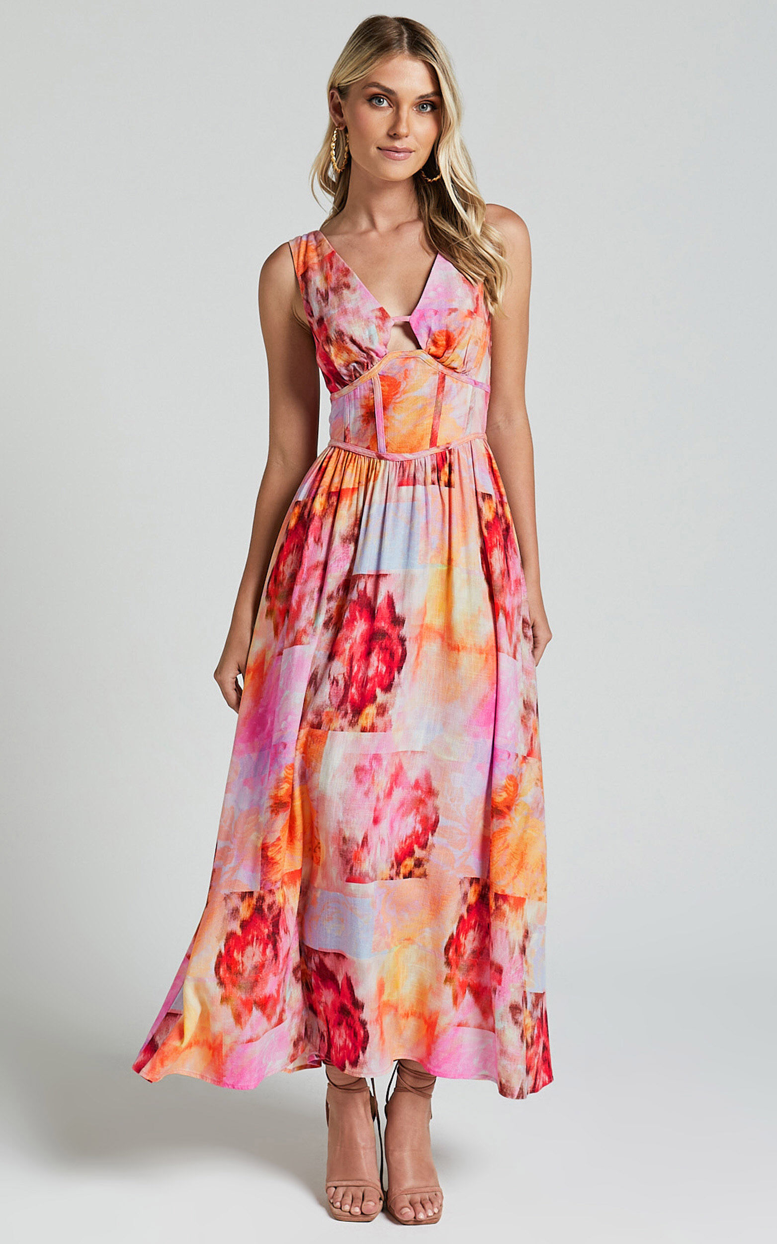 Amalie The Label - Chamika Linen Blend Bustier Double Tie Back Midi Dress in Marsielle Print