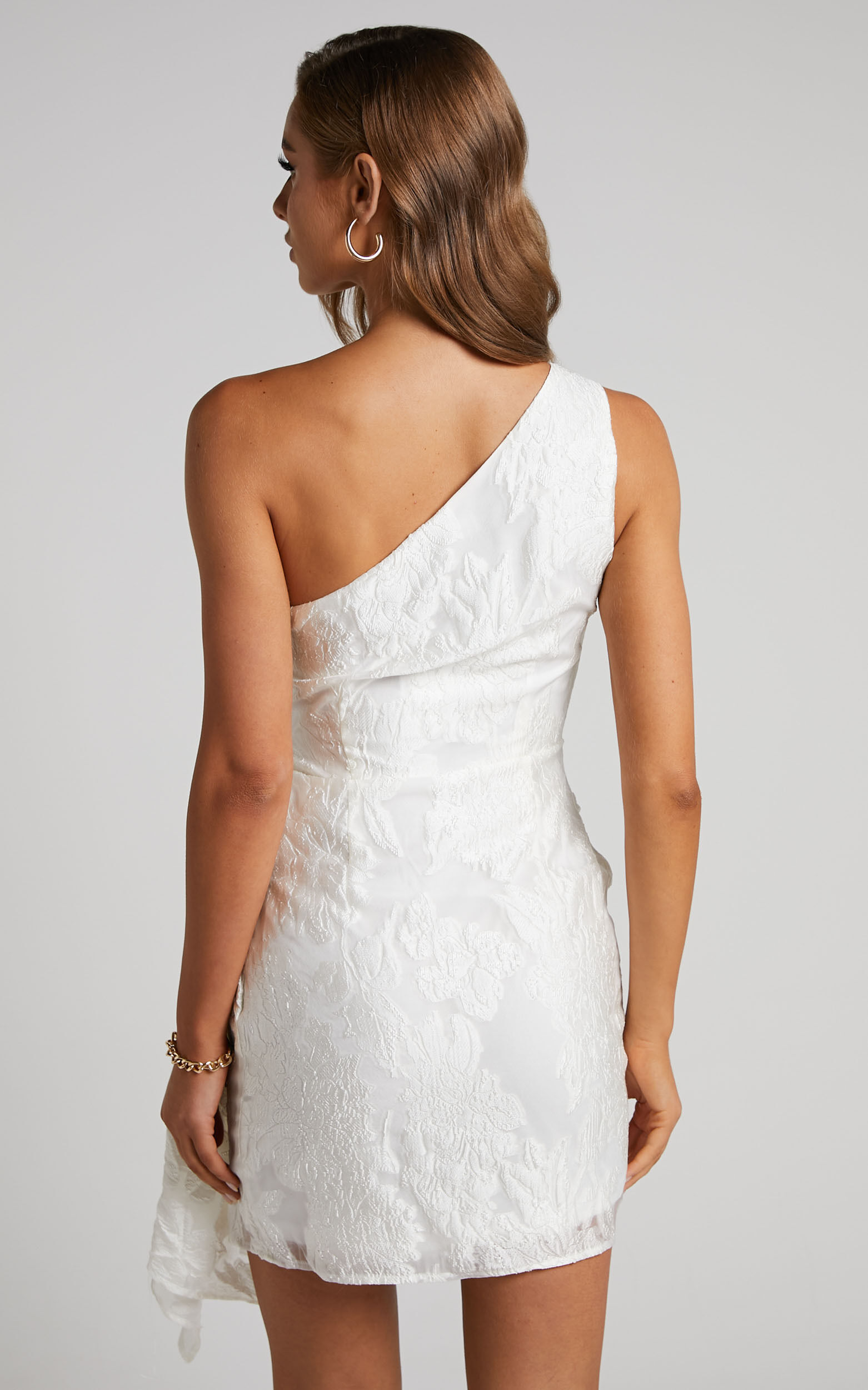 Brailey Mini Dress - One Shoulder Wrap Front Dress in White Jacquard