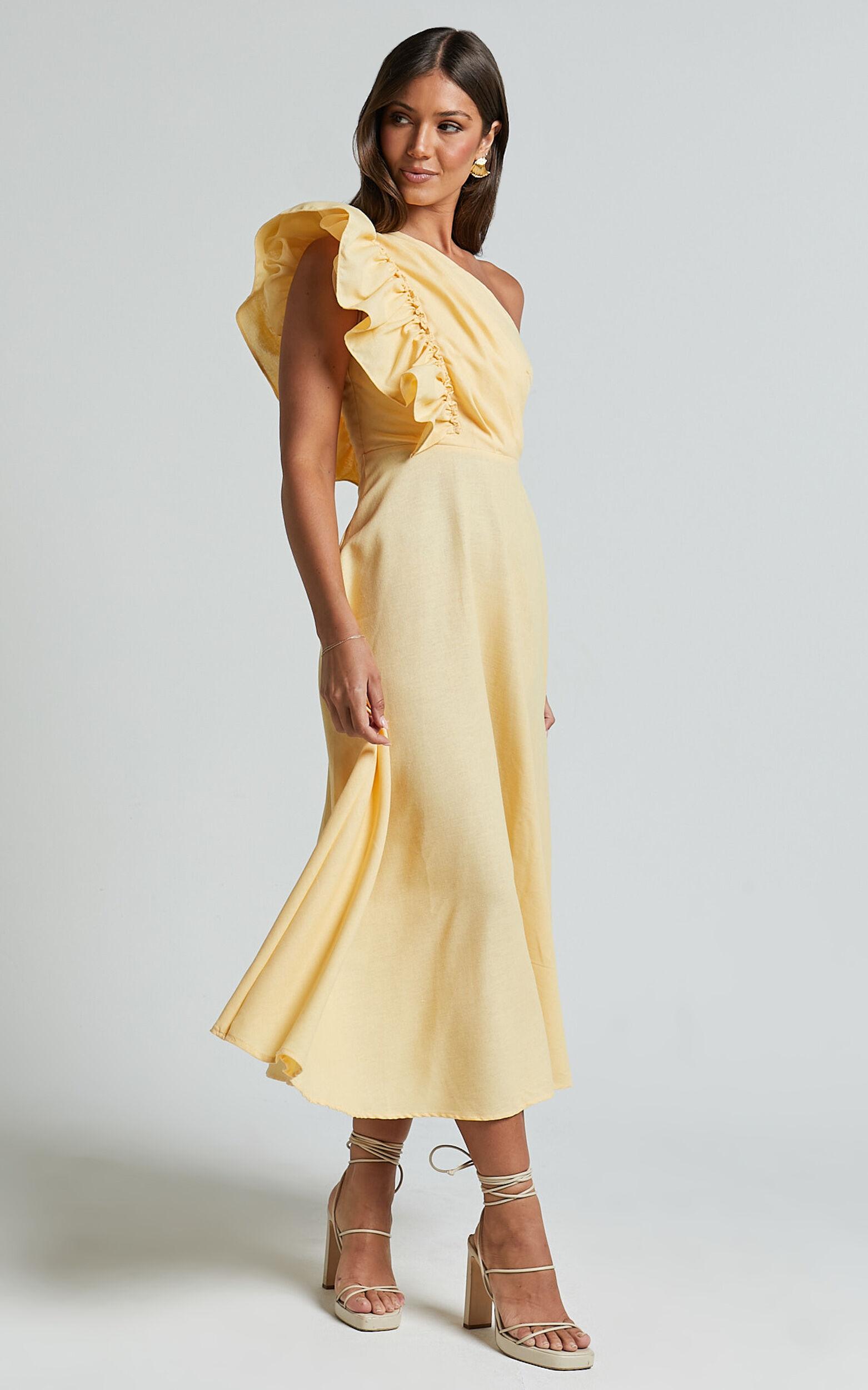 Dixie Midi Dress - Linen Look One Shoulder Ruffle Dress in Lemon
