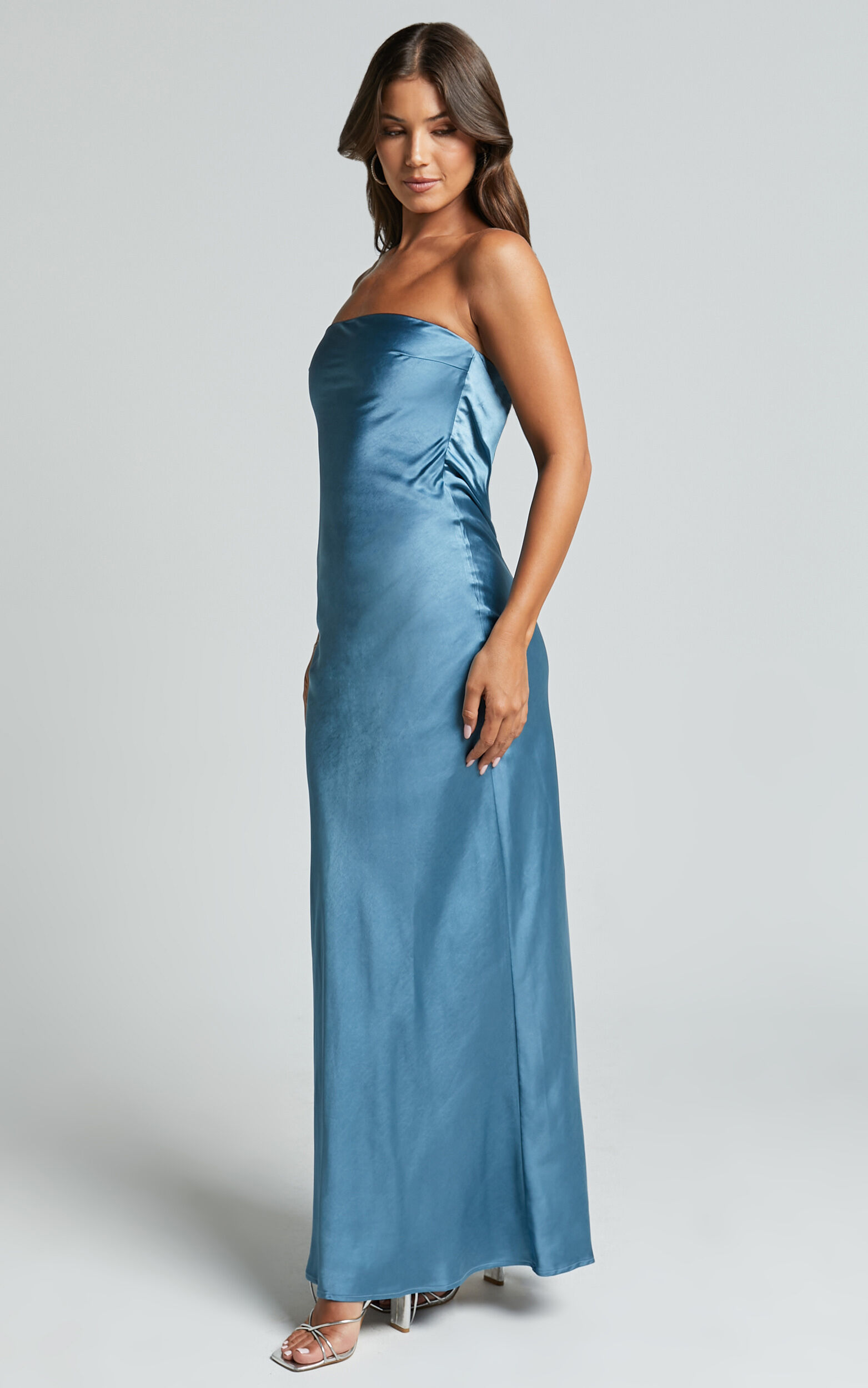 Charlita Maxi Dress - Strapless Cowl Back Satin Dress in Steel Blue