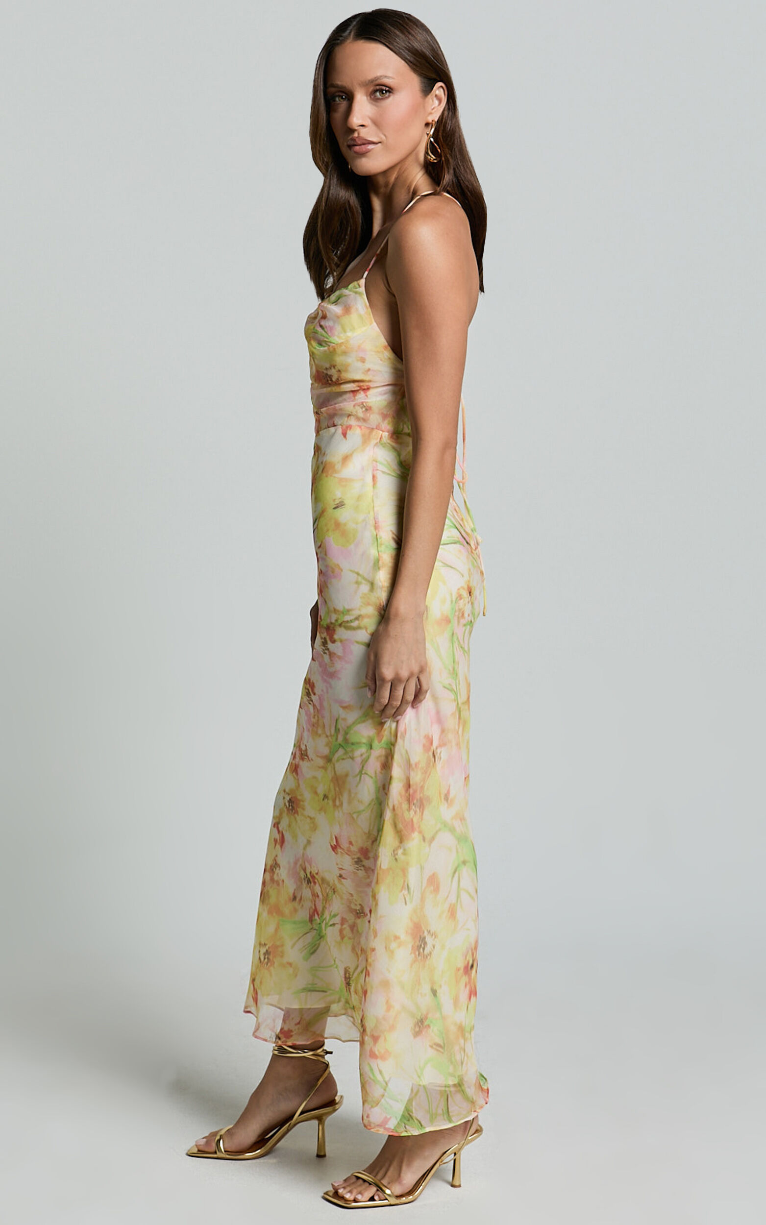 Alessa Midi Dress - Tie Strap Cowl Neck Slip Dress in Yelllow Floral Print
