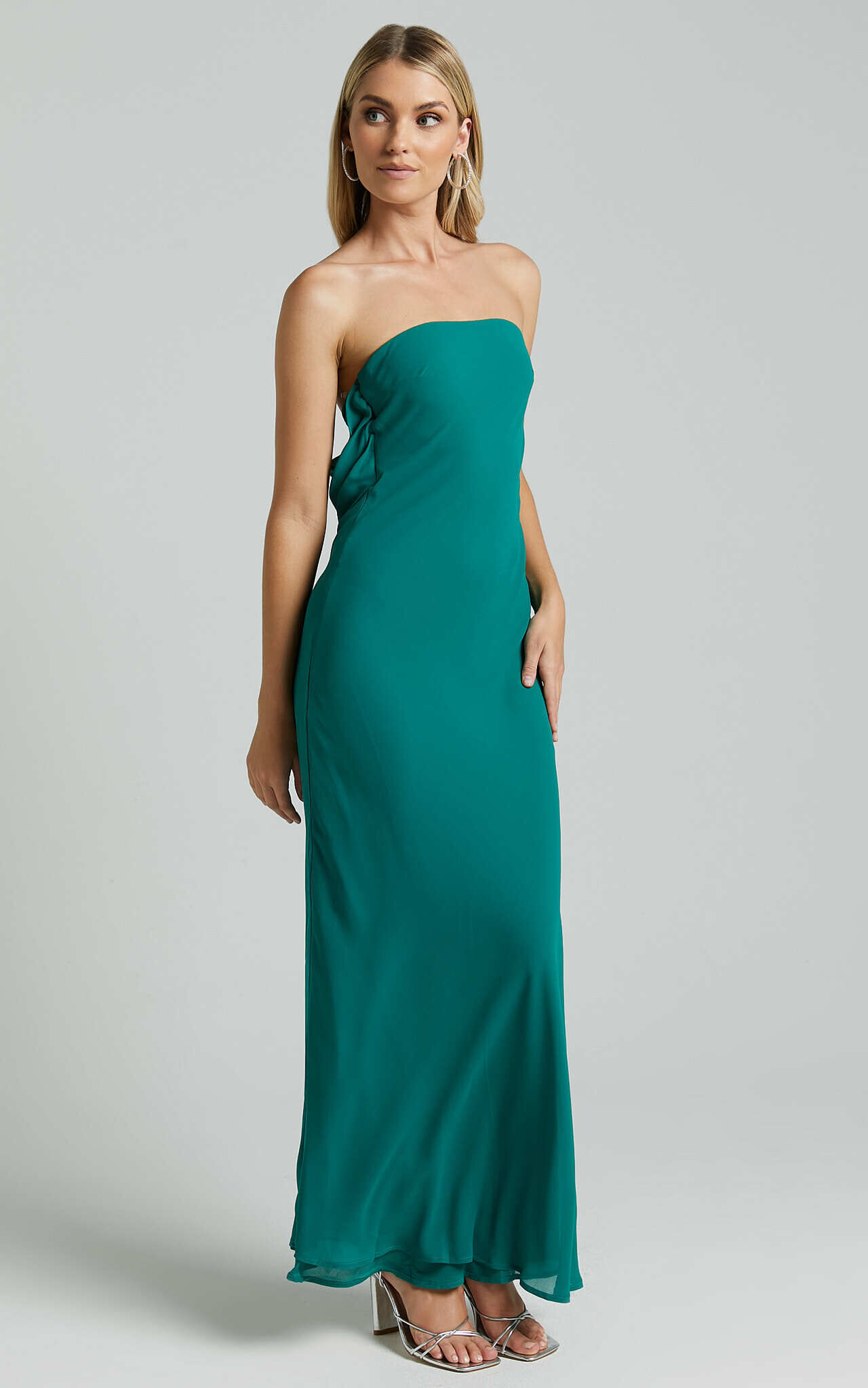 Laurelle Maxi Dress - Strapless Straight Neck Tie Back Cowl Slip in Jade Green
