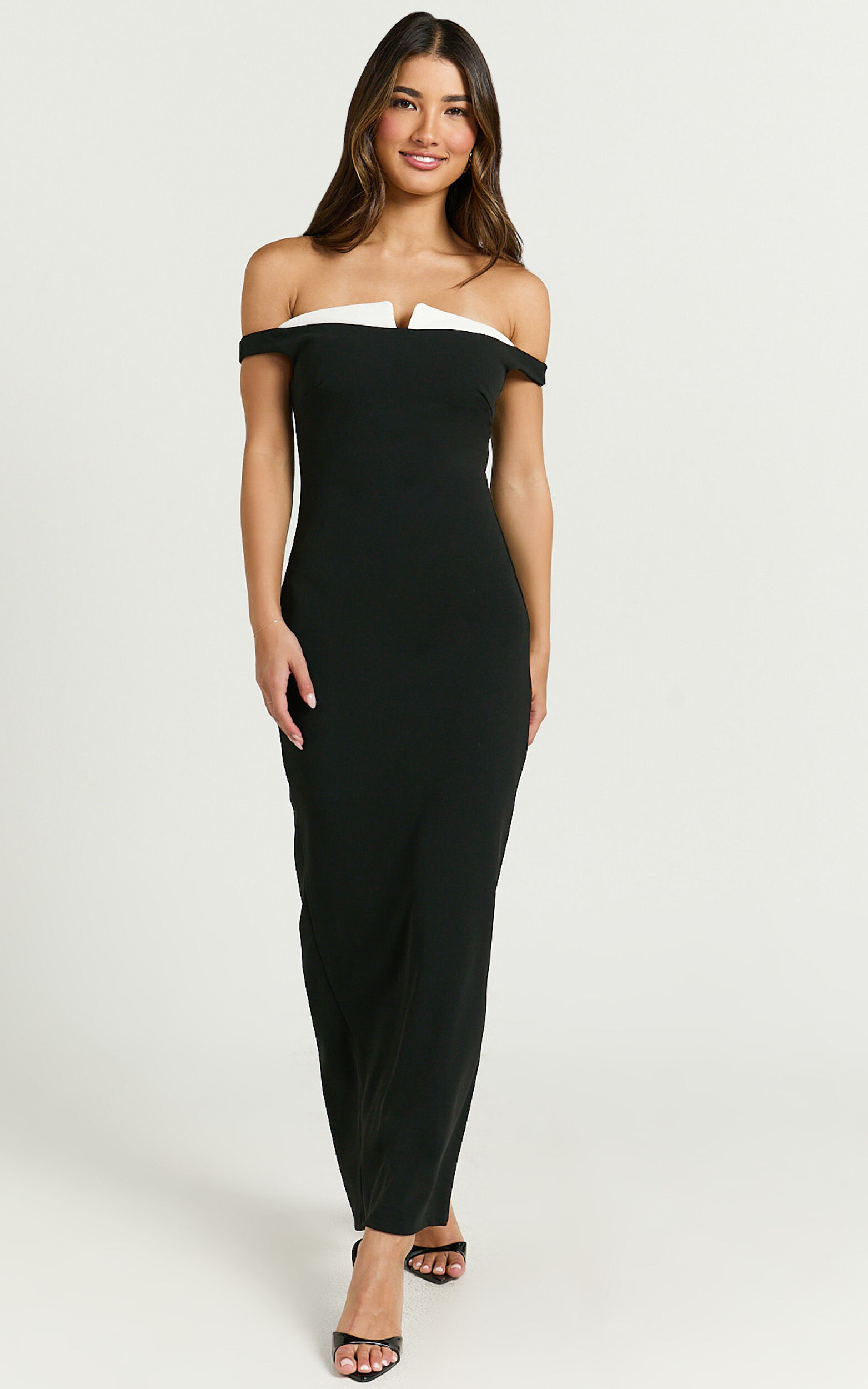 Raquel Midi Dress - Off The Shoulder Contrast Neck Detialing Dress in Black