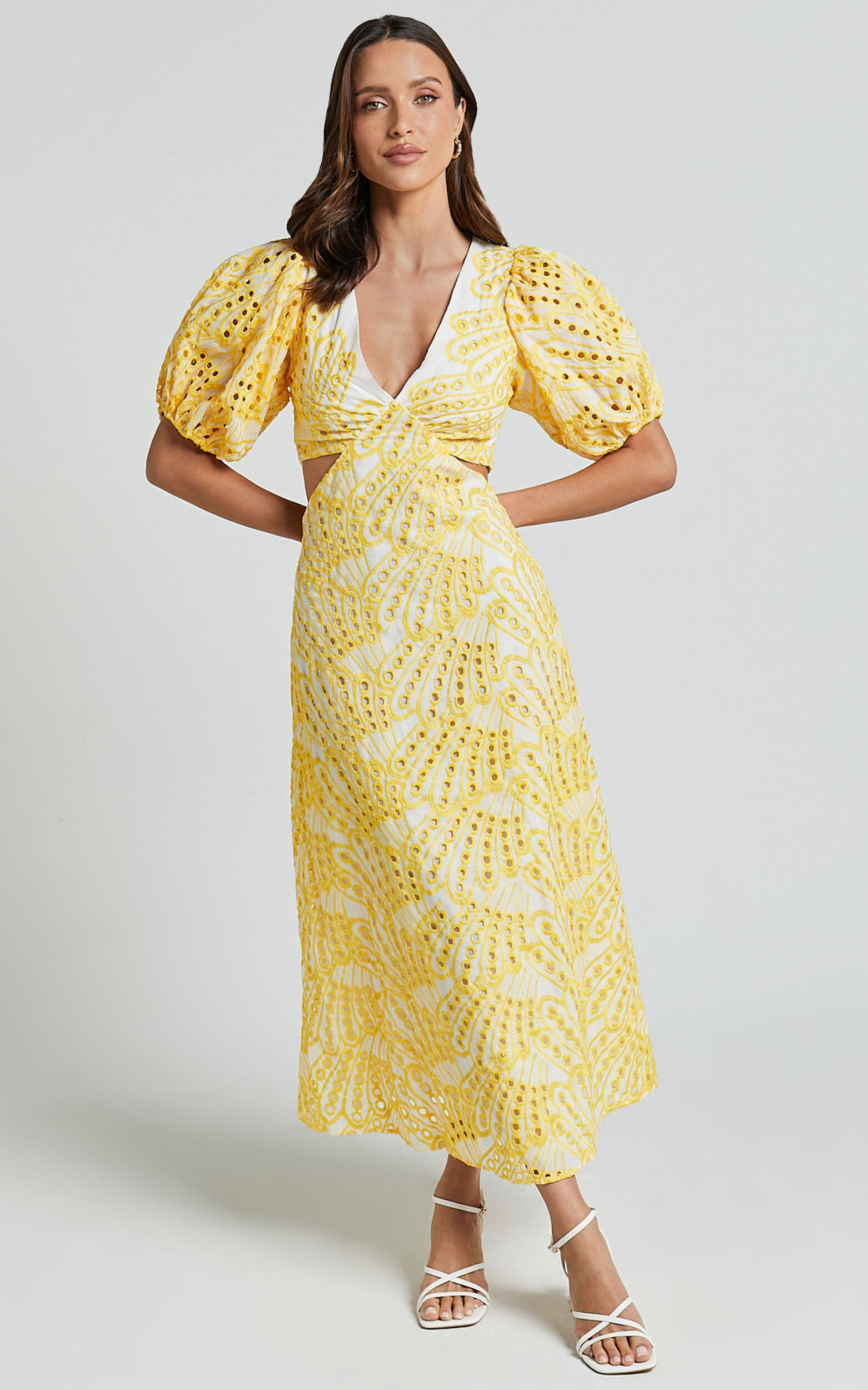Imogen Midi Dress - Plunge Neck Puff Sleeve Side Cut Out Dress in White and Yellow