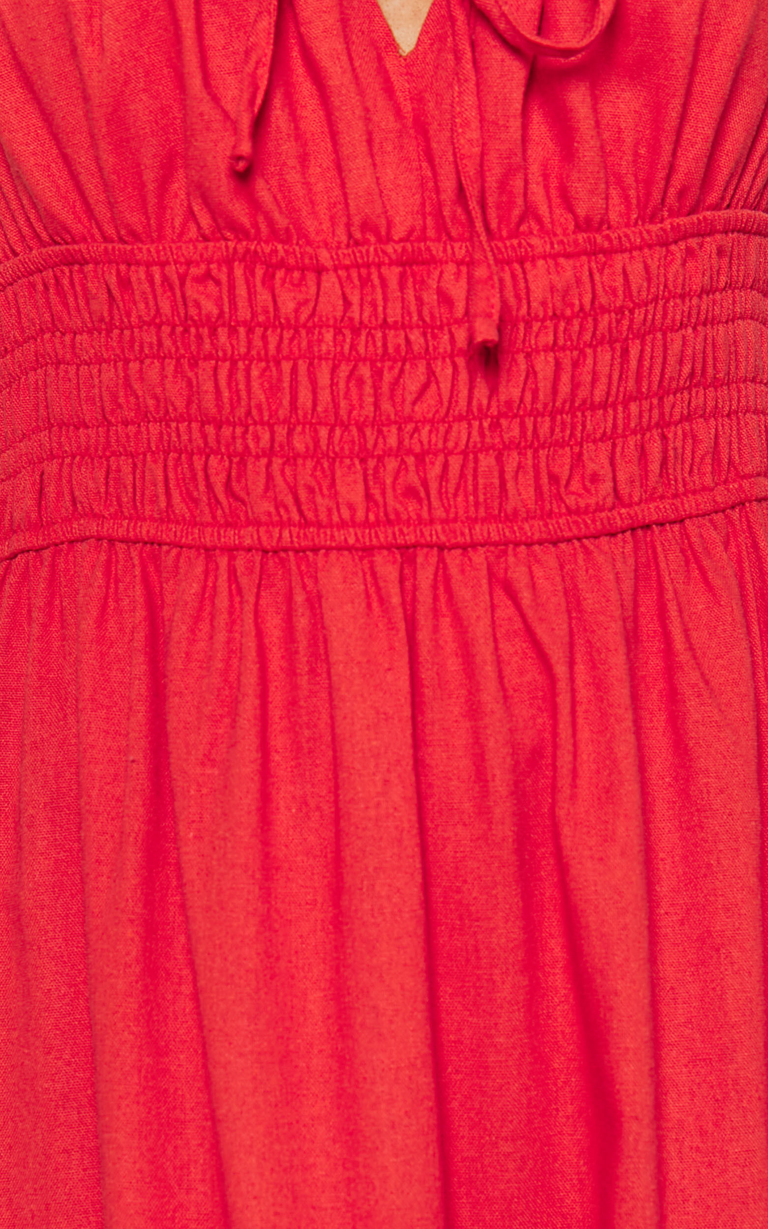 Claritza Midi Dress - Linen Look Short Puff Sleeve Square Neck Tiered Dress in Red