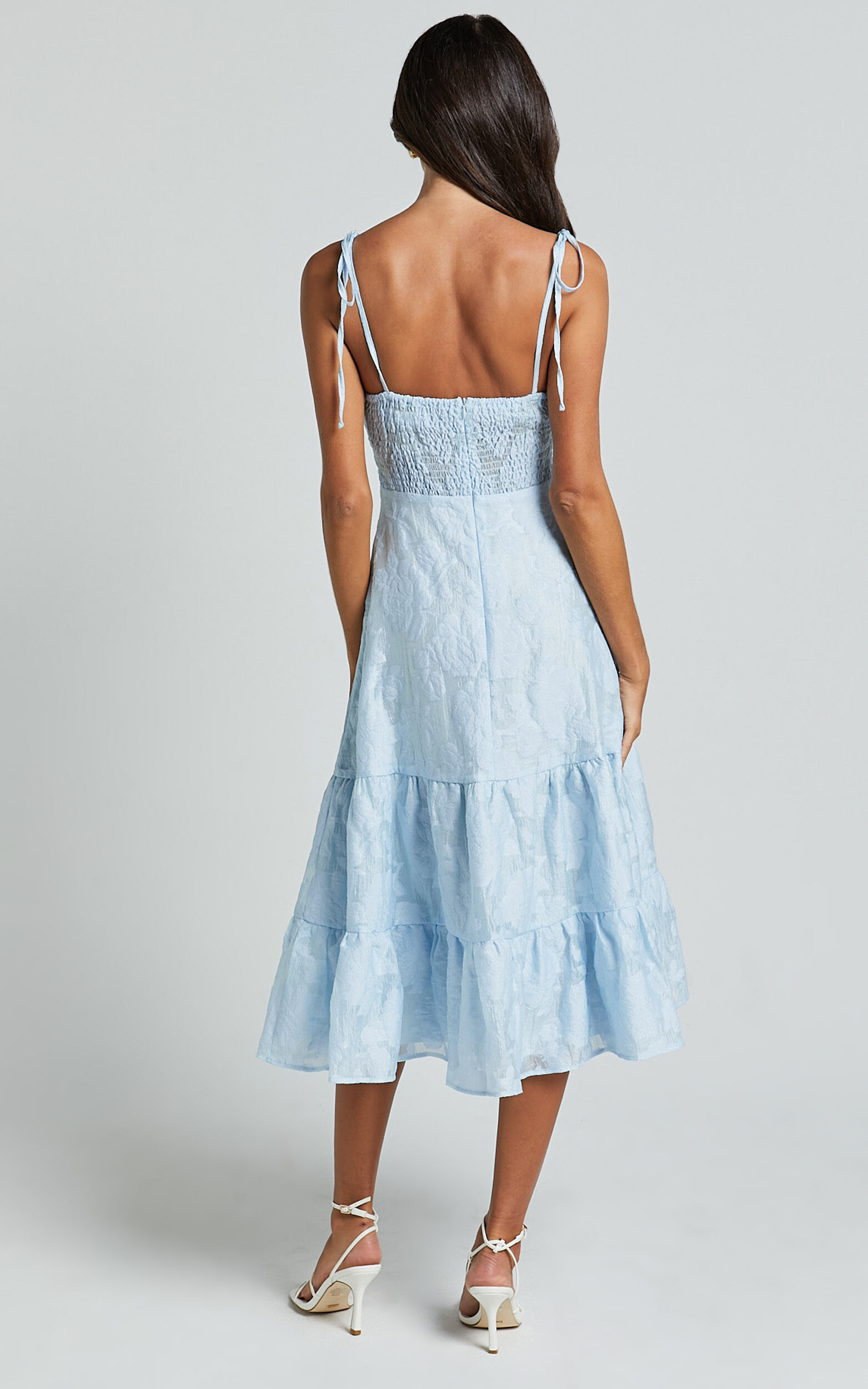 Jovena Midi Dress - Gathered Bodice Tiered Dress in Blue