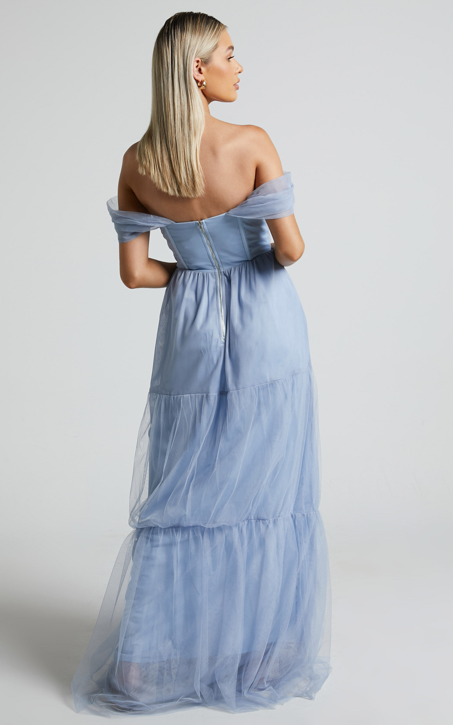 Ontario Maxi Dress - Off Shoulder Corset Bodice Tulle Dress in Light Blue