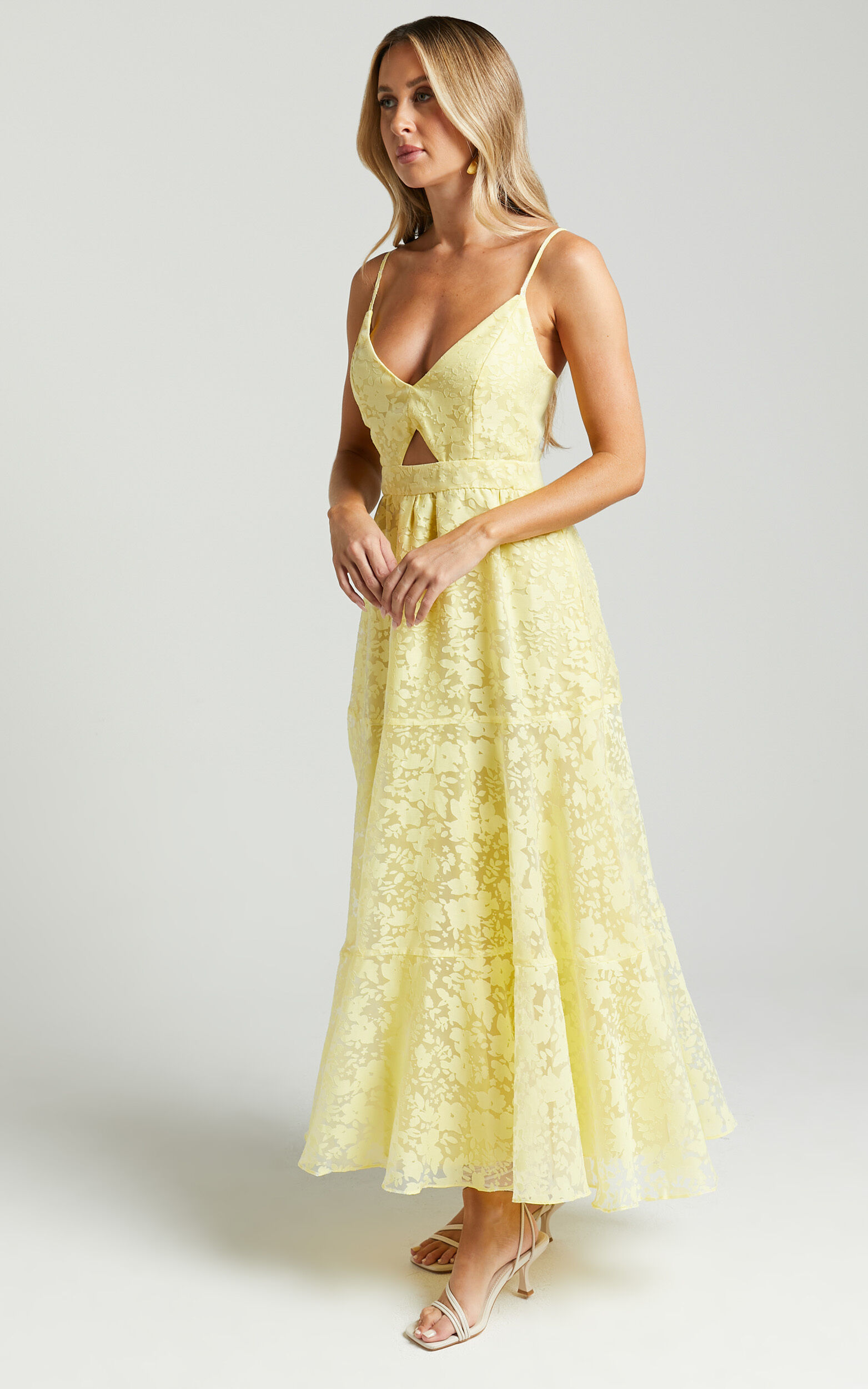 Jorie Midi Dress - Strappy Front Cut Out Tiered Skirt in Pastel Yellow